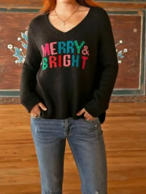 Merry And Bright Chunky V Neck Sweater In Black Multi