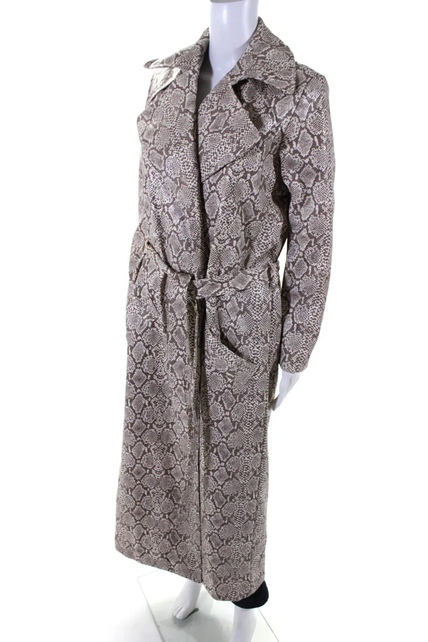 Michael Lo Sordo Women Faux Leather Snakeskin Print Belted Overcoat Brown