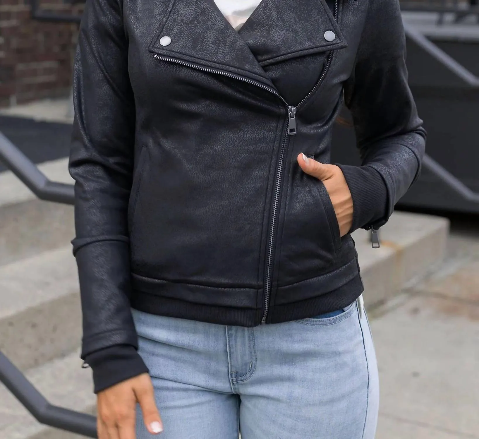 Move Free Leather-Like Moto Jacket In Black
