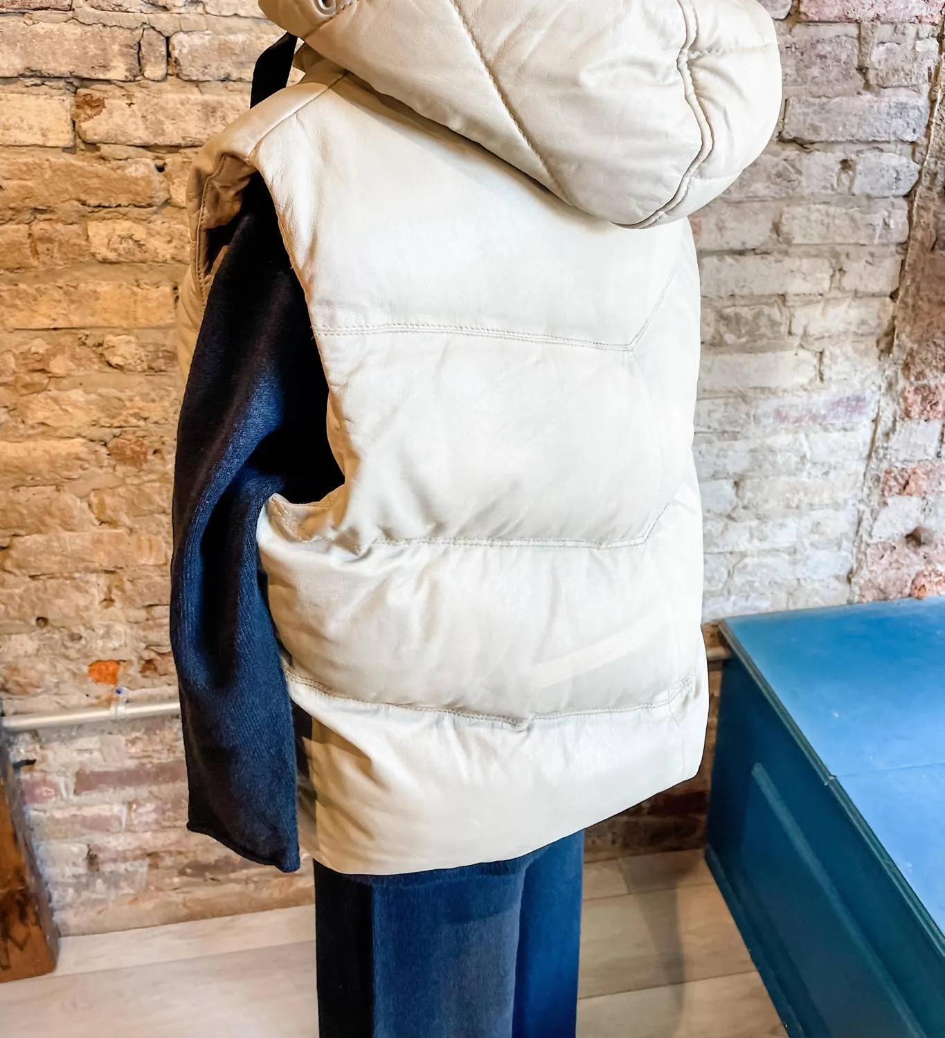 Namica Leather Vest With Hood In Cream