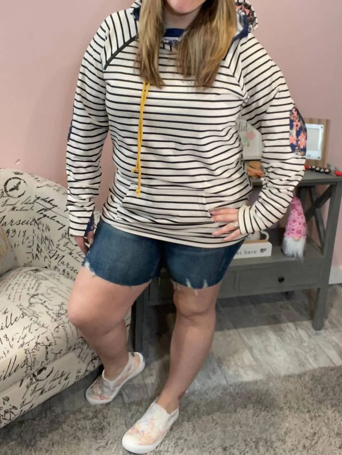 Navy Floral Accents Double Hoodie In Oatmeal Stripes