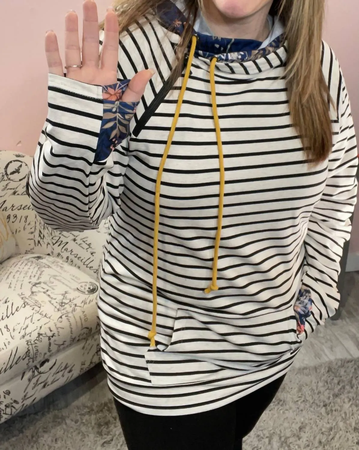 Navy Floral Accents Double Hoodie In Oatmeal Stripes