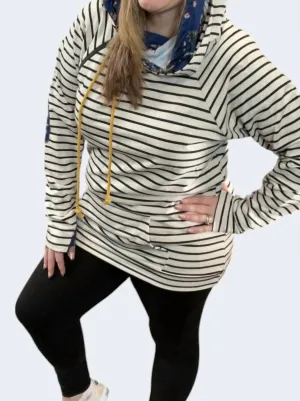 Navy Floral Accents Double Hoodie In Oatmeal Stripes