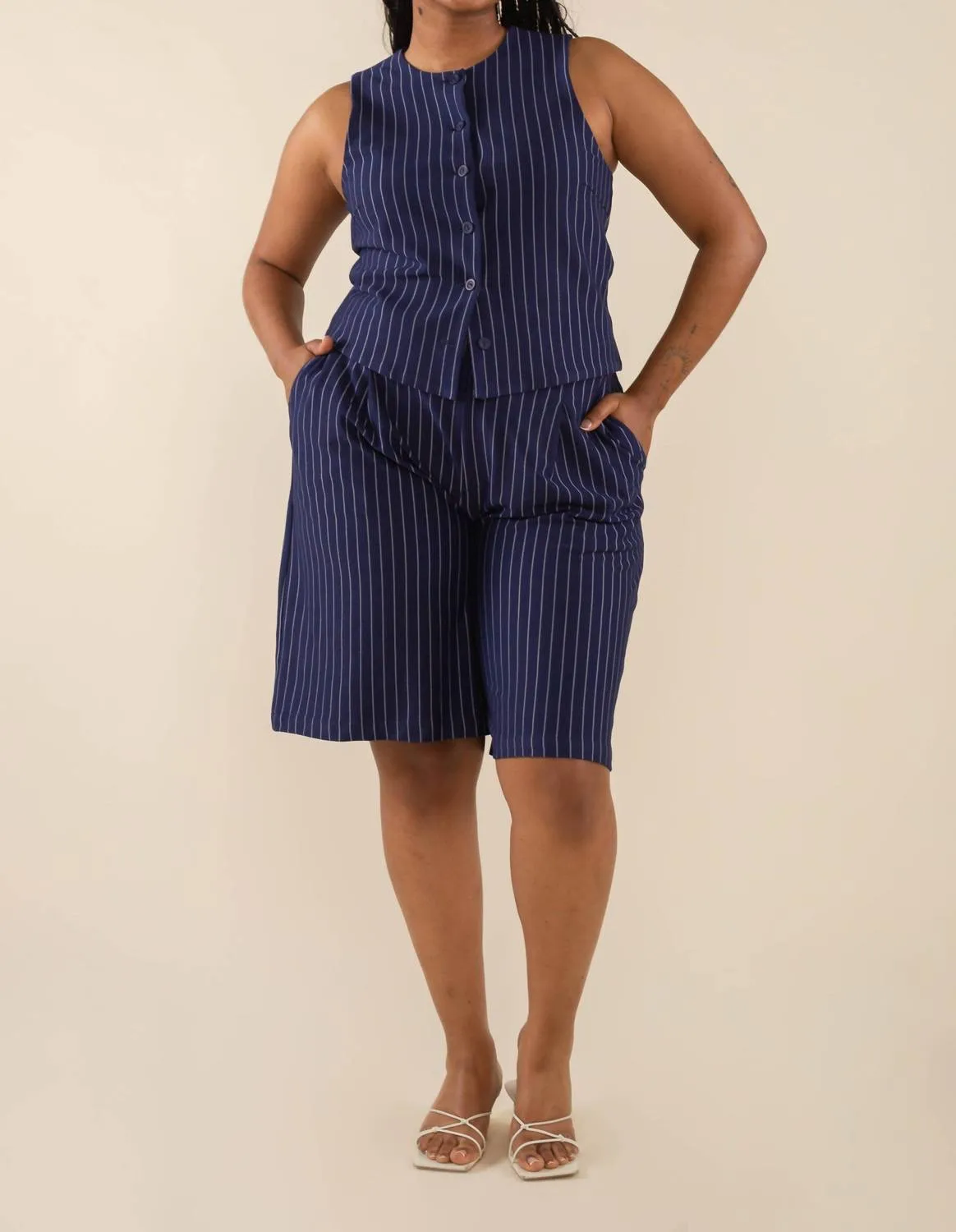 Noah High Neck Pinstripe Vest -Plus In Navy/ivory