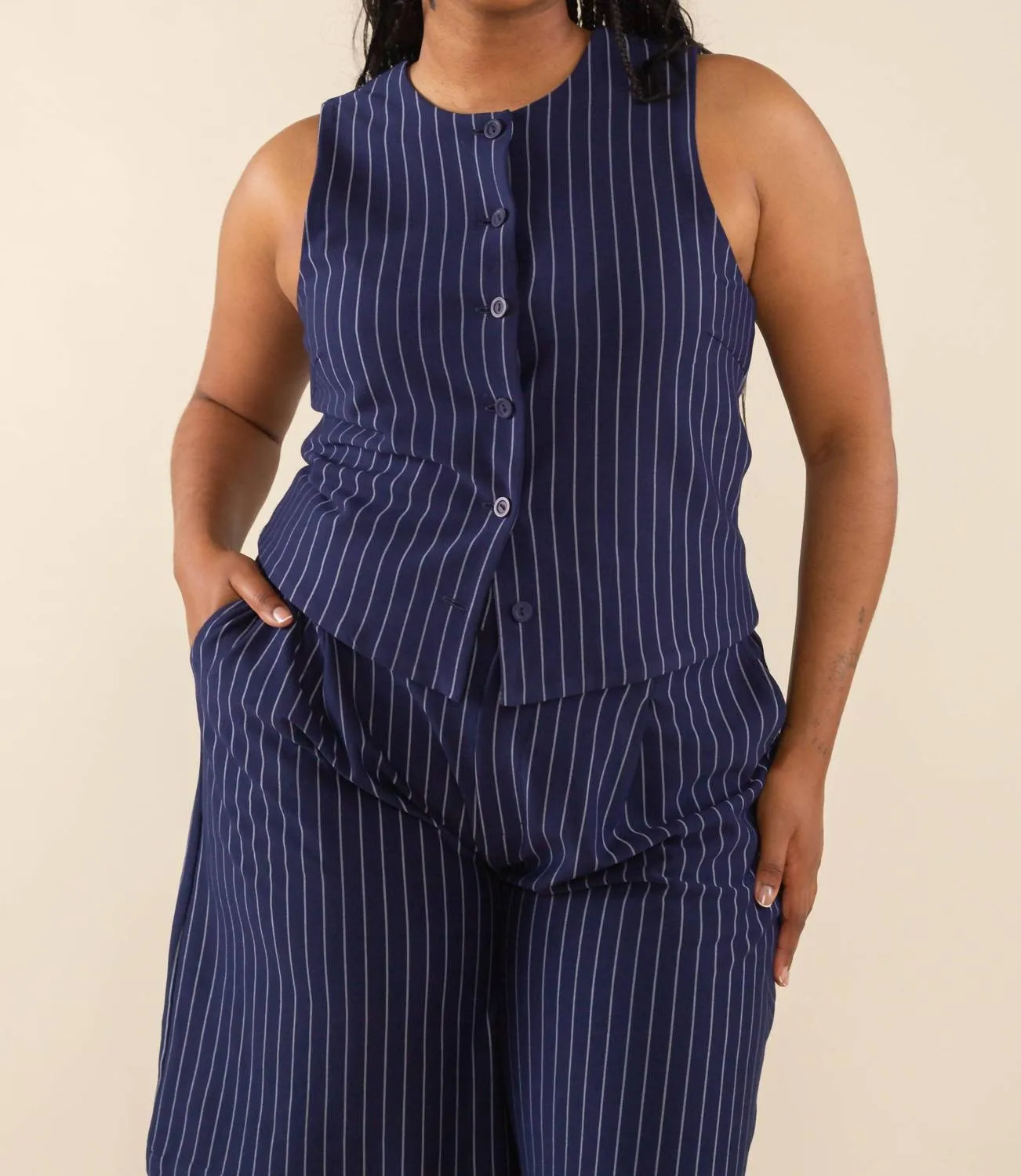 Noah High Neck Pinstripe Vest -Plus In Navy/ivory