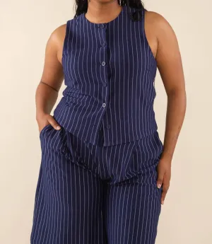 Noah High Neck Pinstripe Vest -Plus In Navy/ivory
