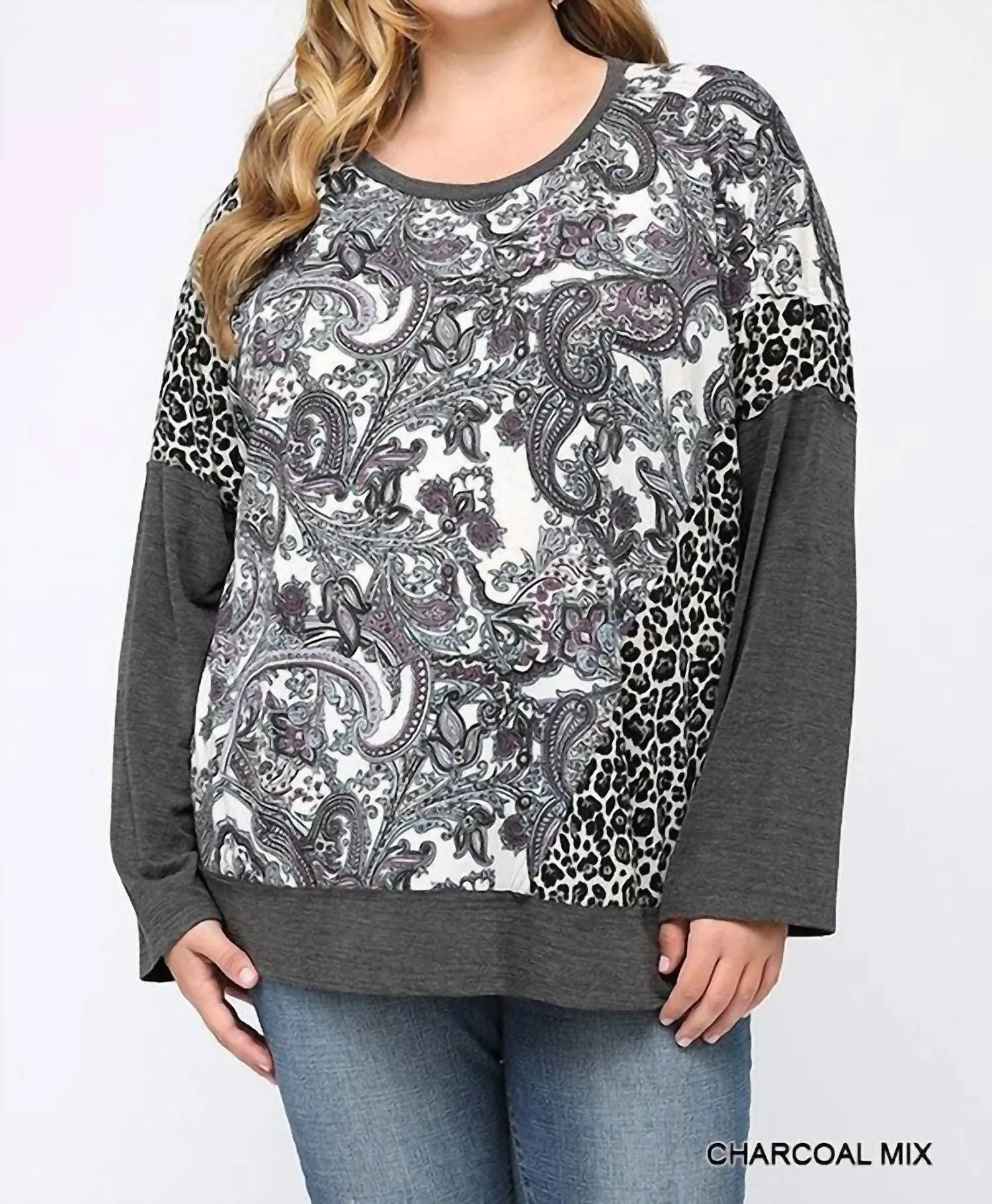 Pasley Leopard Color Block Top In Charcoal Mix