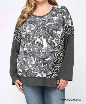 Pasley Leopard Color Block Top In Charcoal Mix