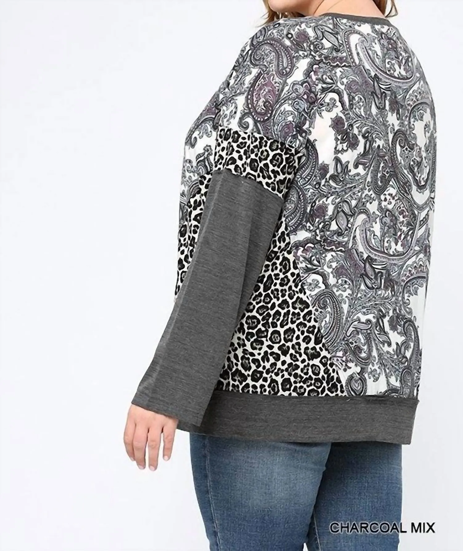 Pasley Leopard Color Block Top In Charcoal Mix