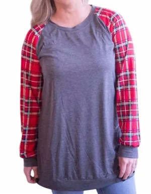 Plaid Raglan Top In Grey