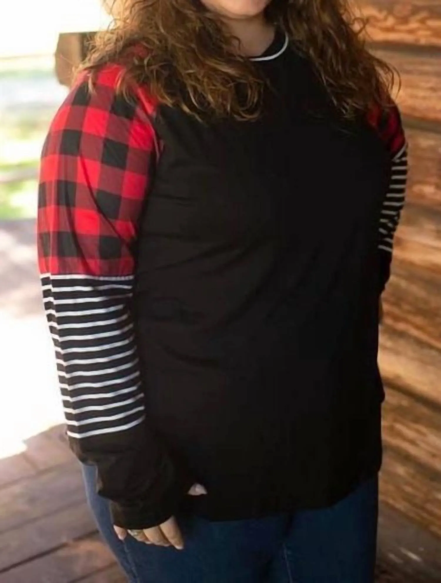 Plaid Stripe Raglan Top In Black