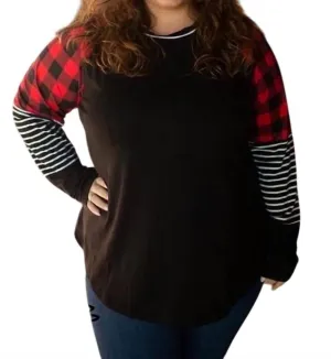 Plaid Stripe Raglan Top In Black