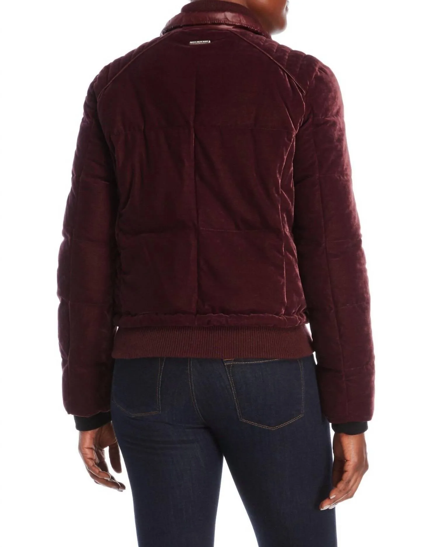 Quilted Velvet Bomber Puffer Jacket In Red