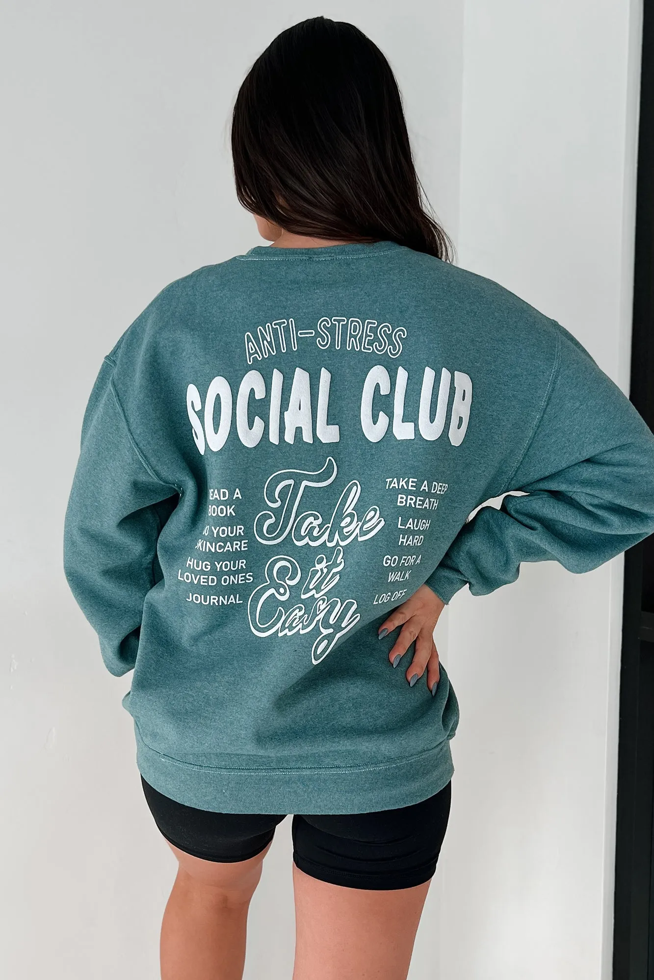 "Anti-Stress Social Club" Oversized Graphic Sweatshirt (Dark Forest)