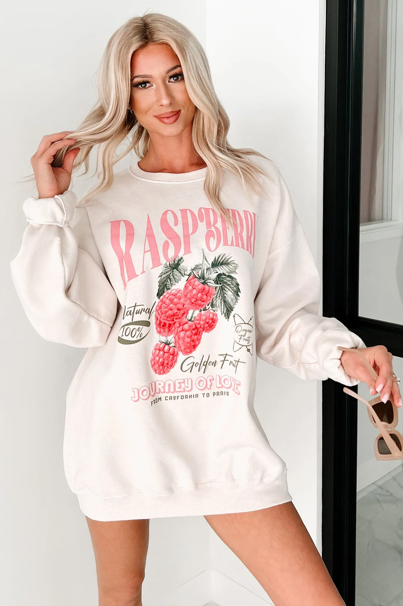 "Journey Of Love" Raspberry Graphic Sweatshirt (Beige)