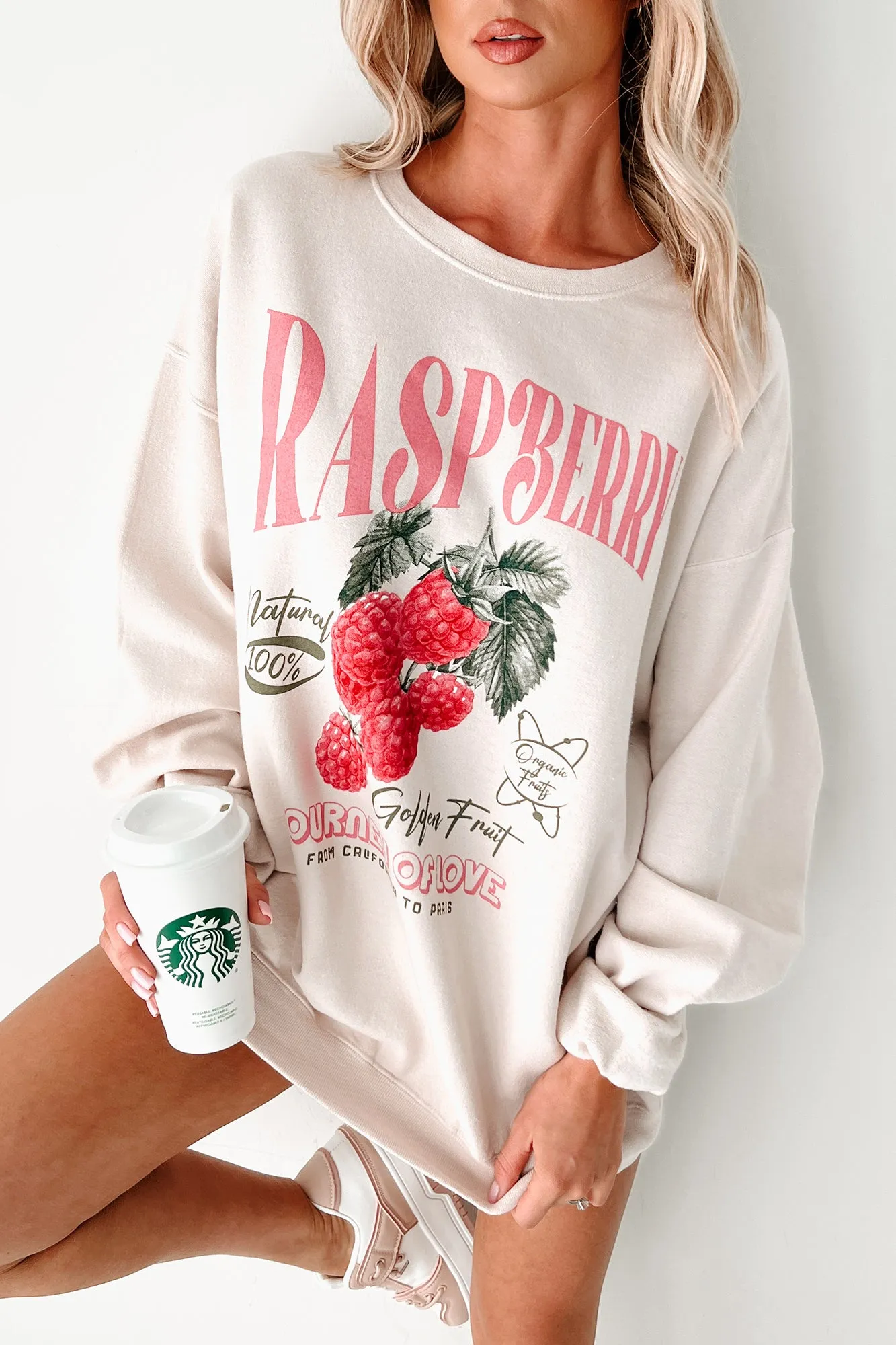 "Journey Of Love" Raspberry Graphic Sweatshirt (Beige)