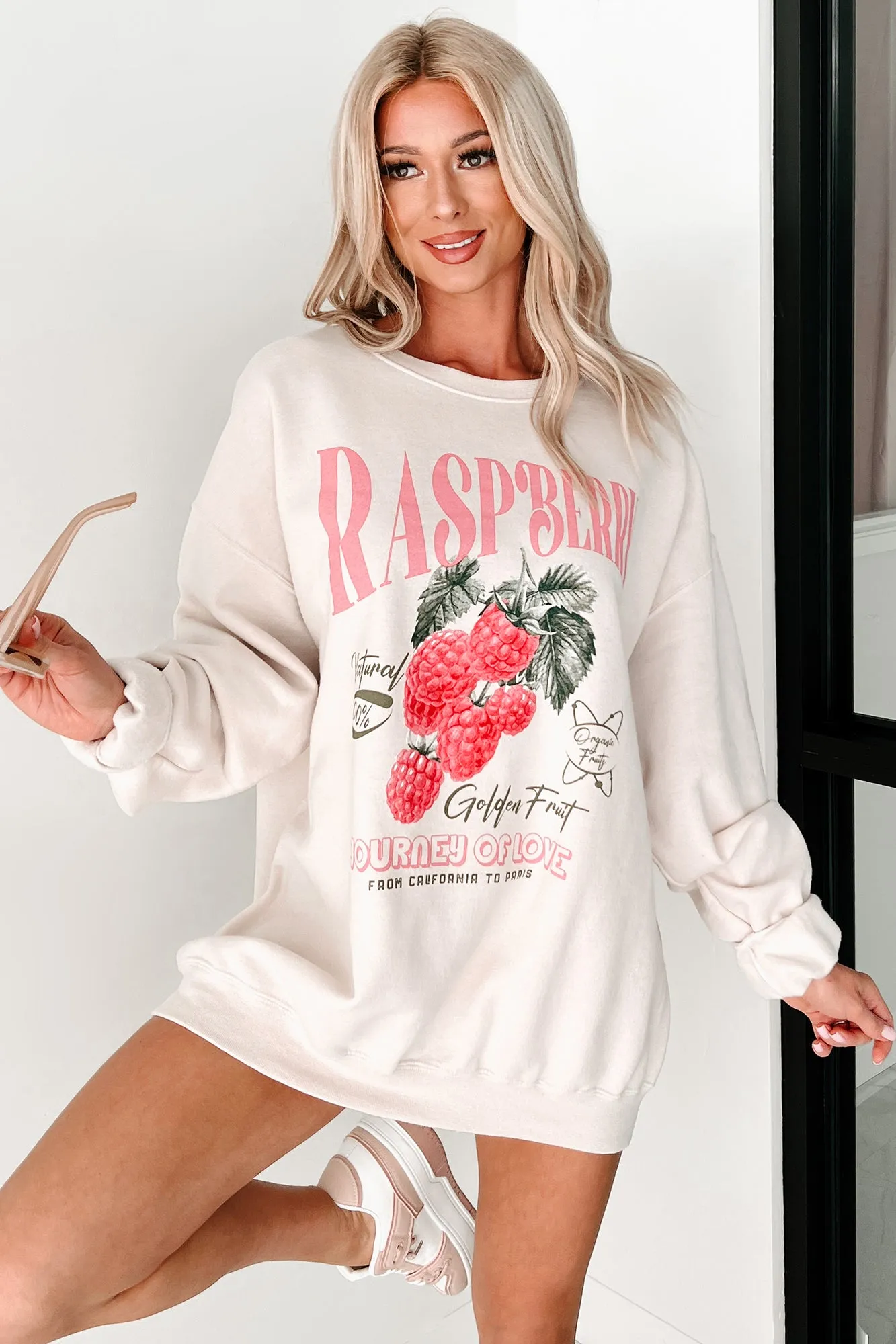 "Journey Of Love" Raspberry Graphic Sweatshirt (Beige)