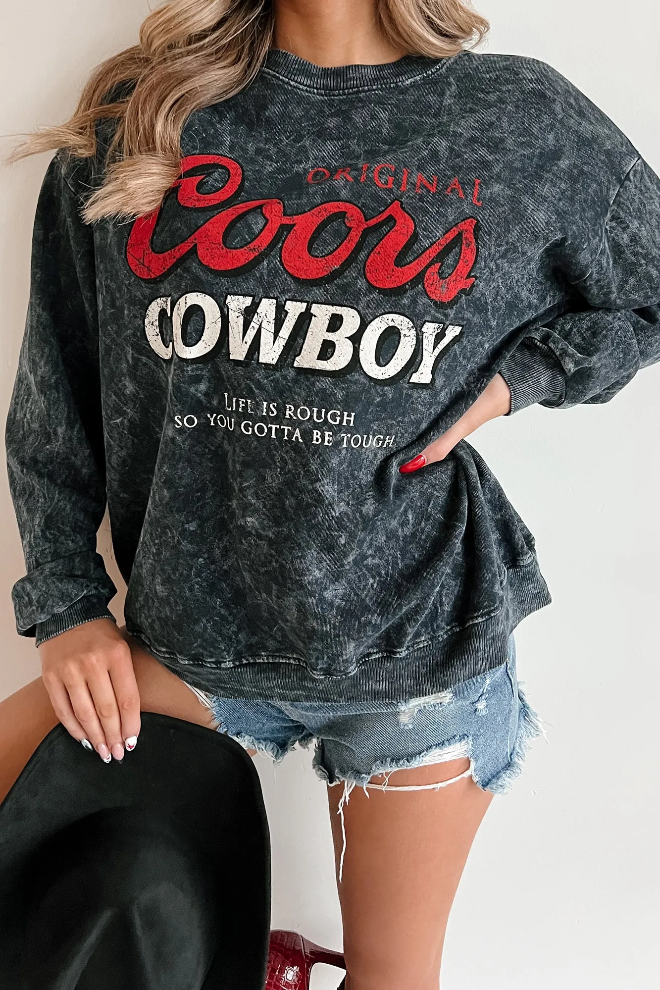"Original Coors Cowboy" Acid Wash Graphic Sweatshirt (Washed Black)