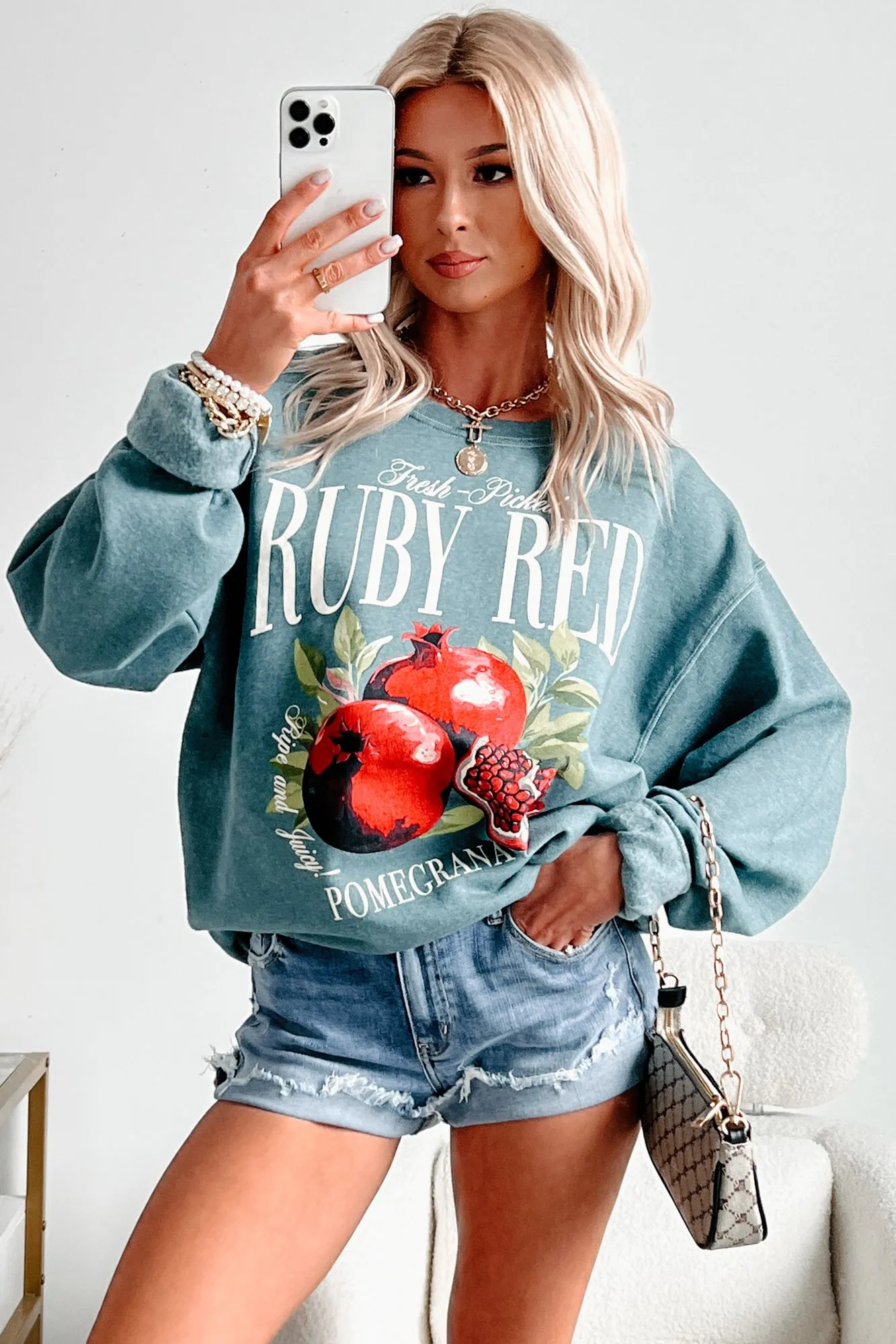 "Ruby Red Pomegranate" Graphic Sweatshirt (Silver Pine)