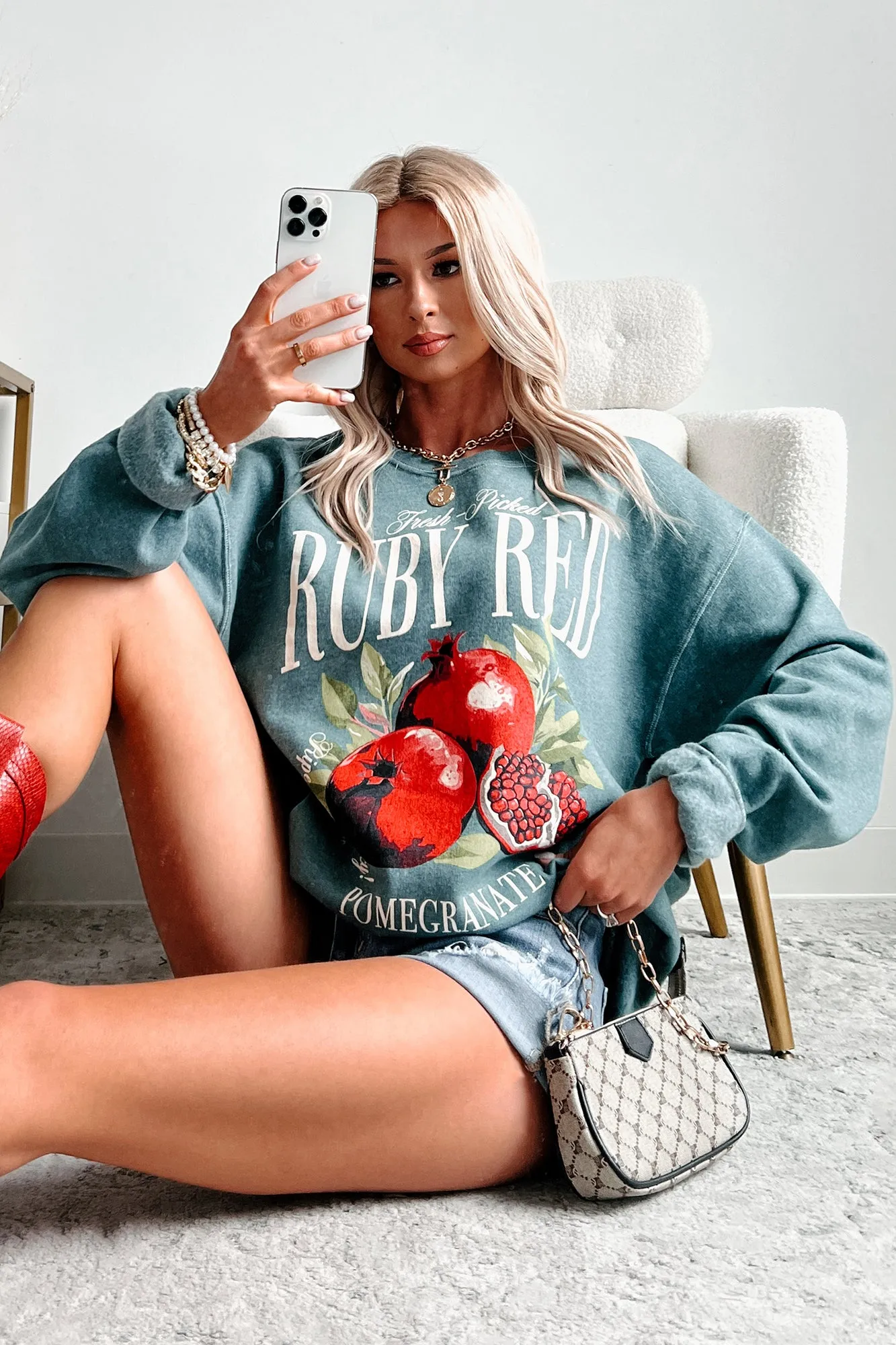 "Ruby Red Pomegranate" Graphic Sweatshirt (Silver Pine)