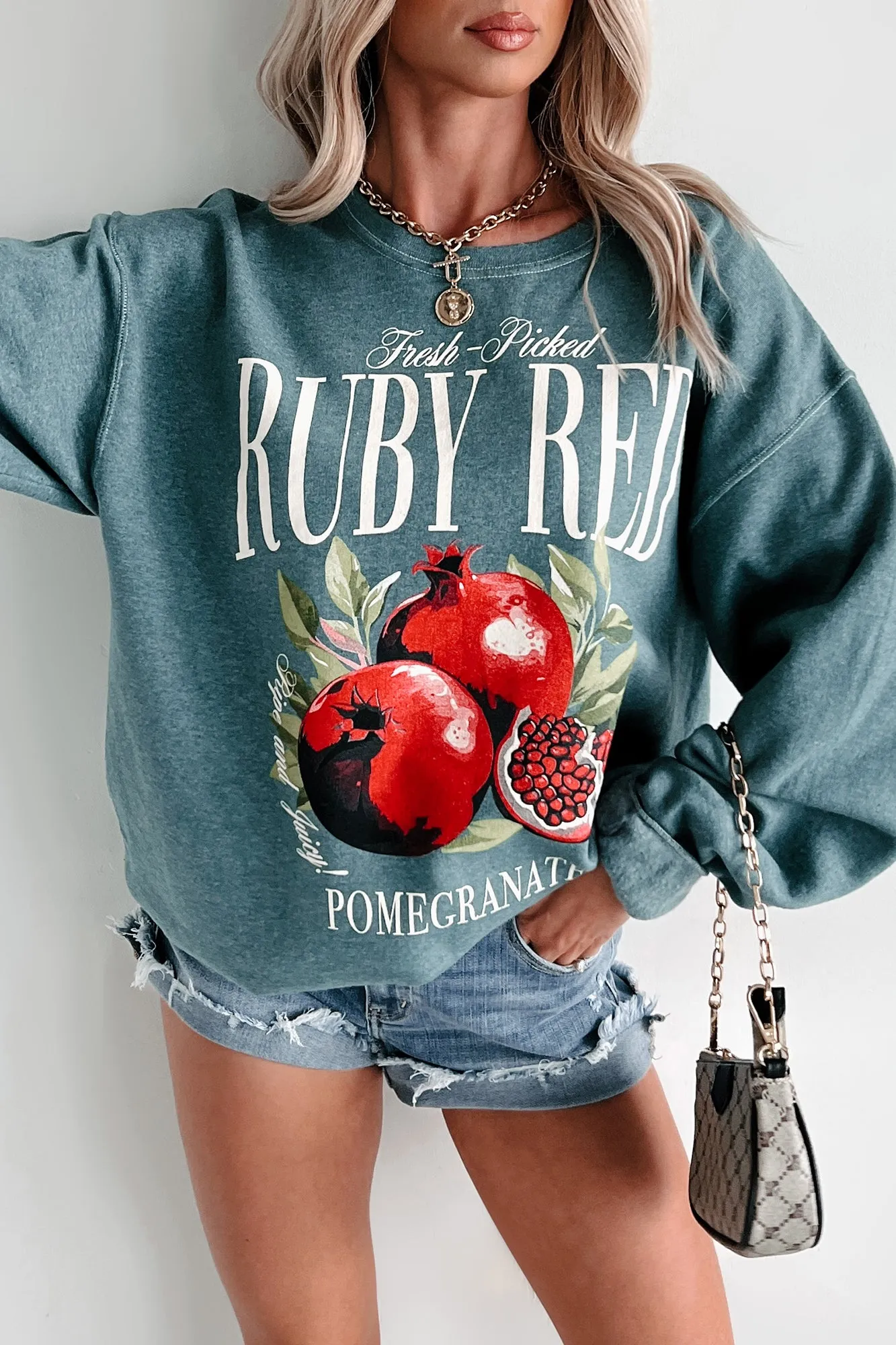 "Ruby Red Pomegranate" Graphic Sweatshirt (Silver Pine)