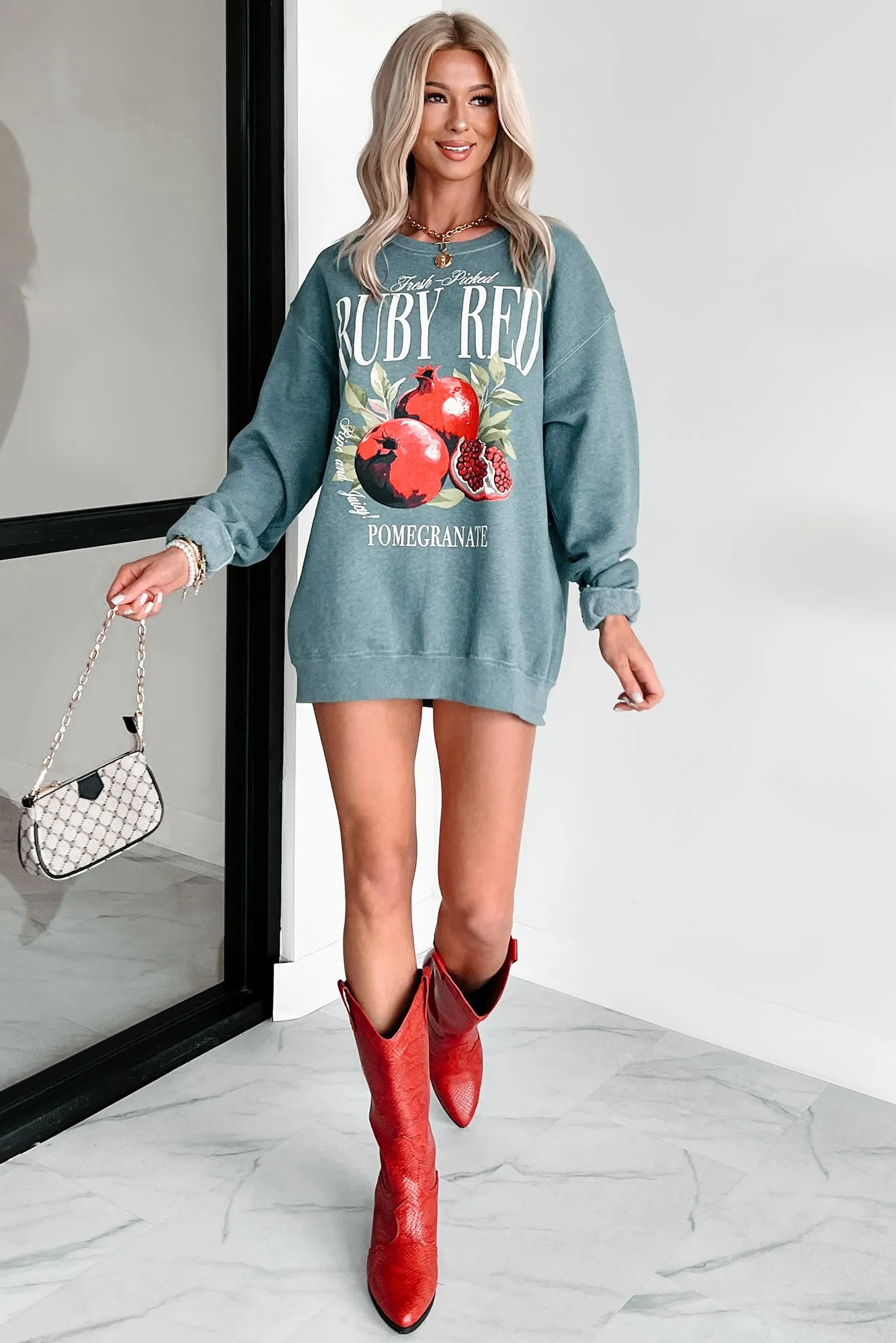 "Ruby Red Pomegranate" Graphic Sweatshirt (Silver Pine)