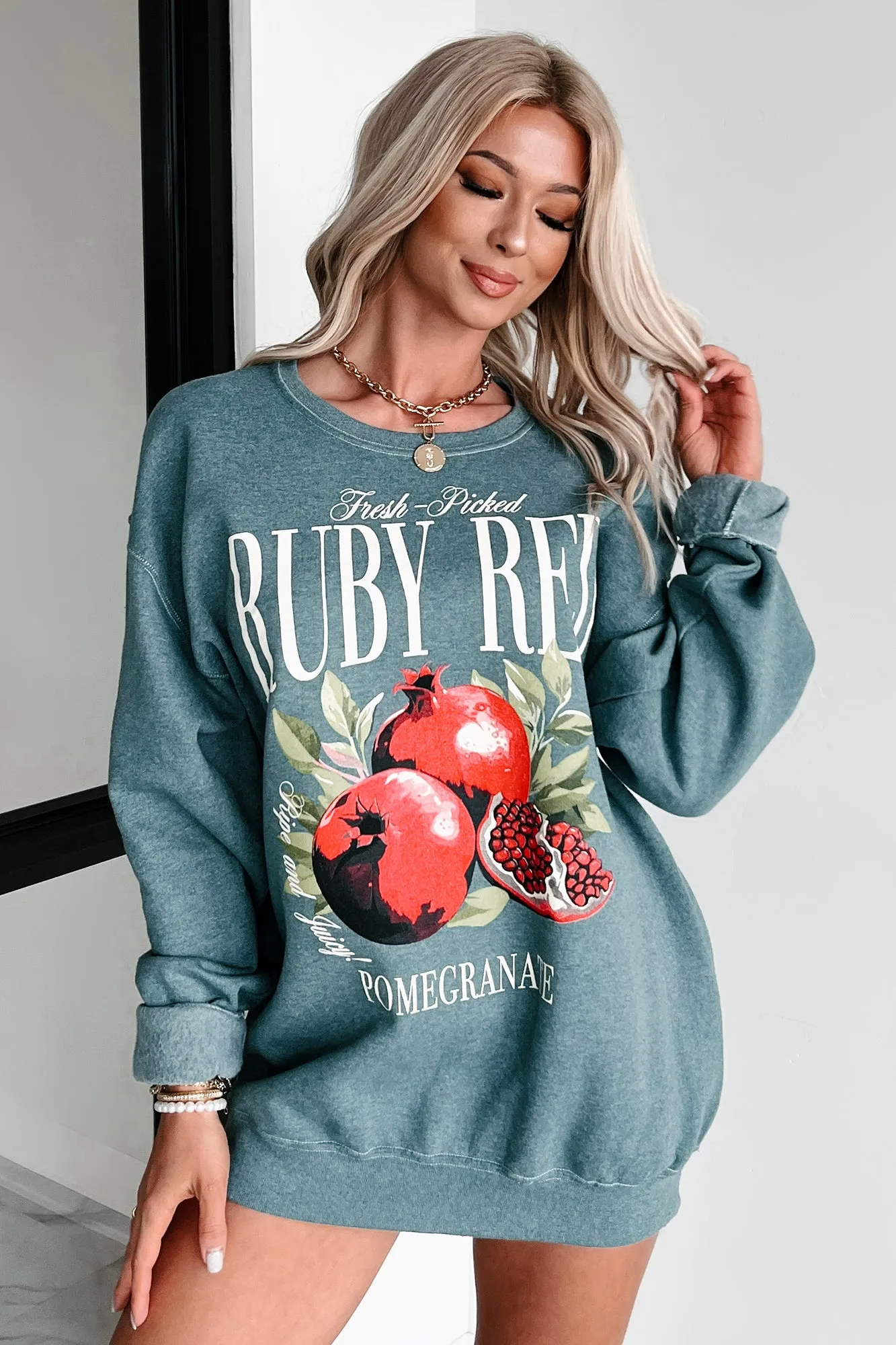 "Ruby Red Pomegranate" Graphic Sweatshirt (Silver Pine)