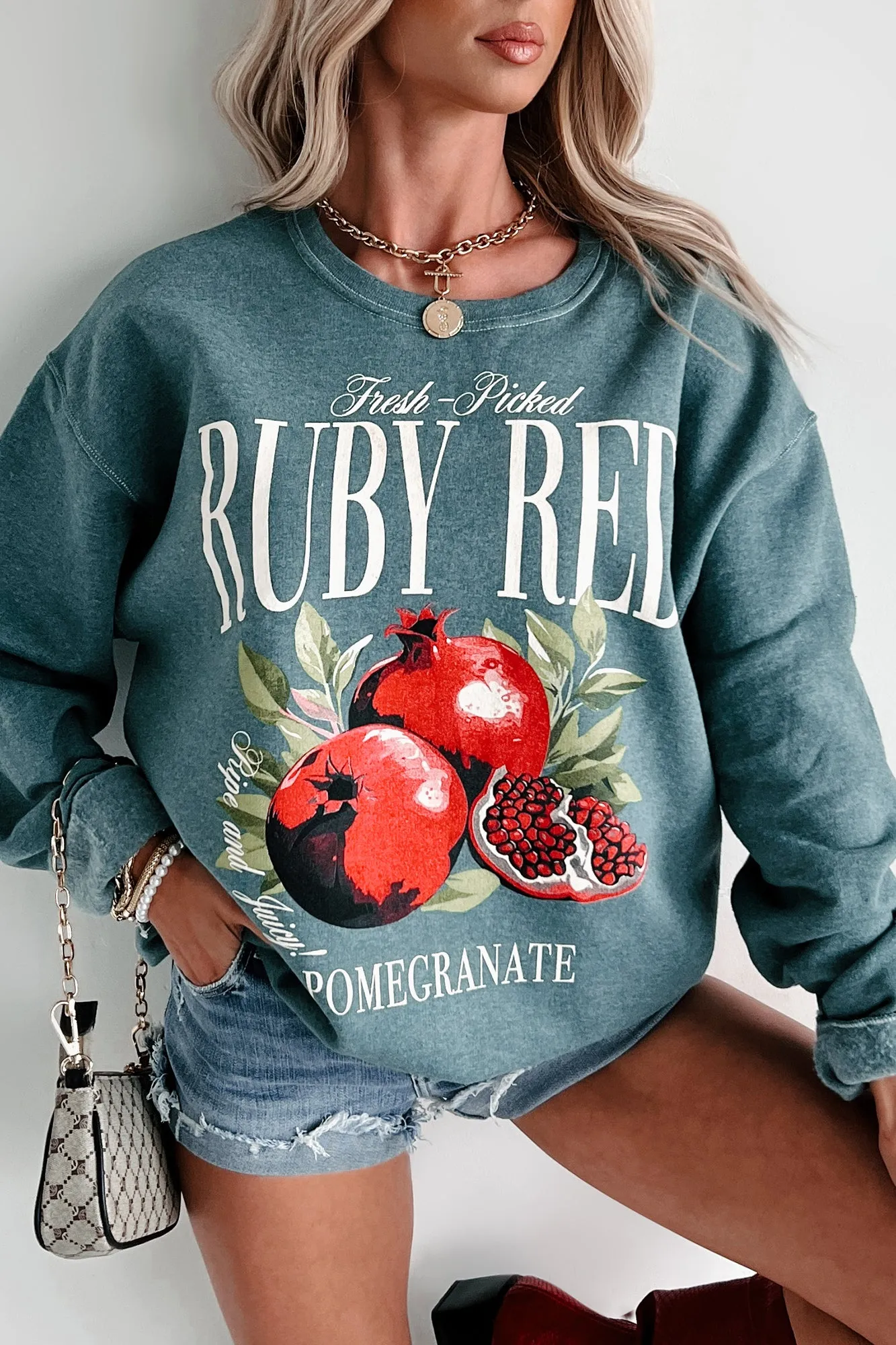 "Ruby Red Pomegranate" Graphic Sweatshirt (Silver Pine)