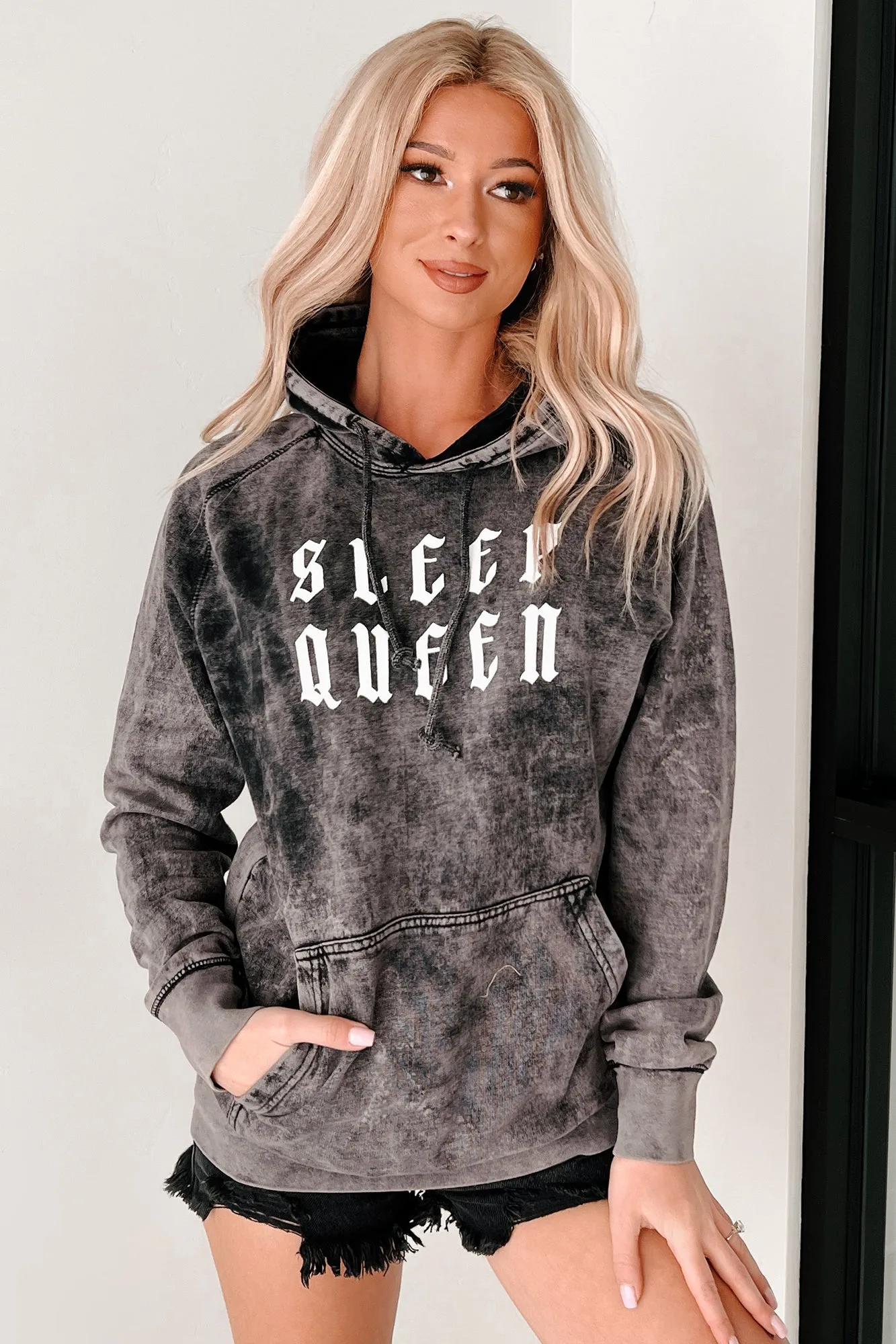"Sleep Queen" Graphic Vintage Wash Hoodie (Black)