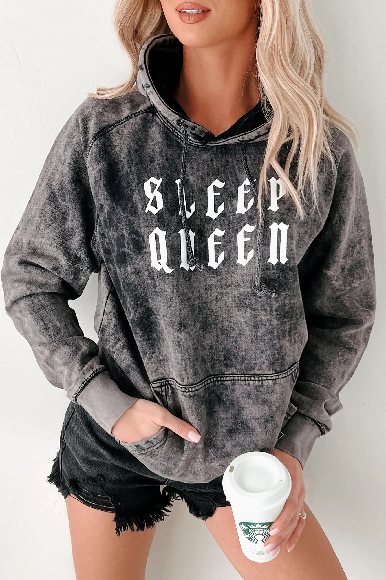"Sleep Queen" Graphic Vintage Wash Hoodie (Black)