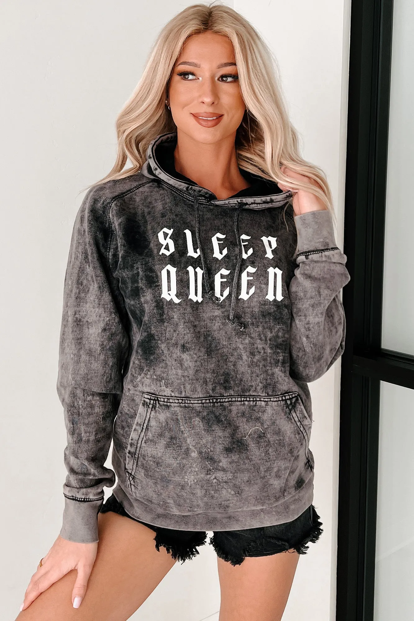 "Sleep Queen" Graphic Vintage Wash Hoodie (Black)