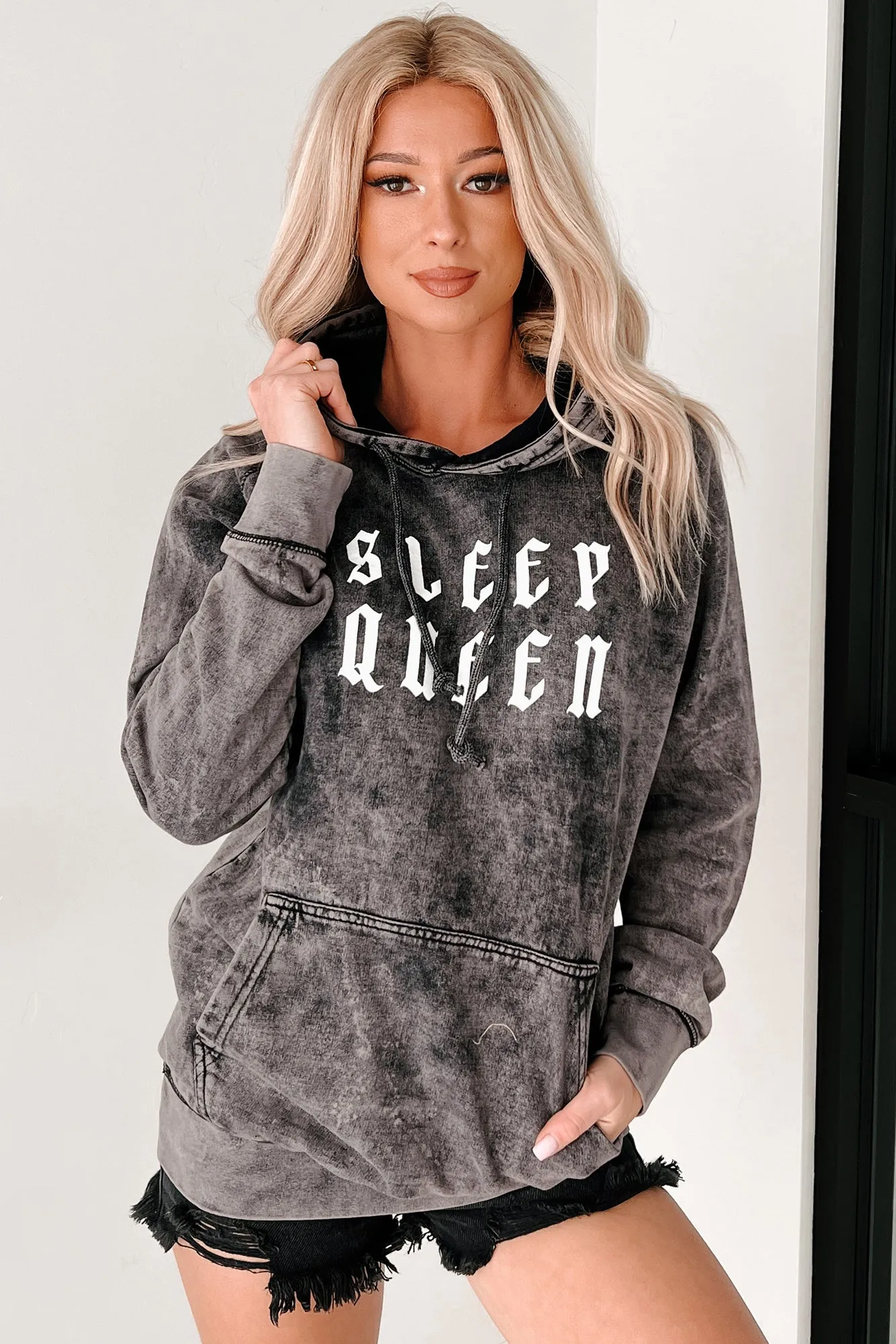 "Sleep Queen" Graphic Vintage Wash Hoodie (Black)