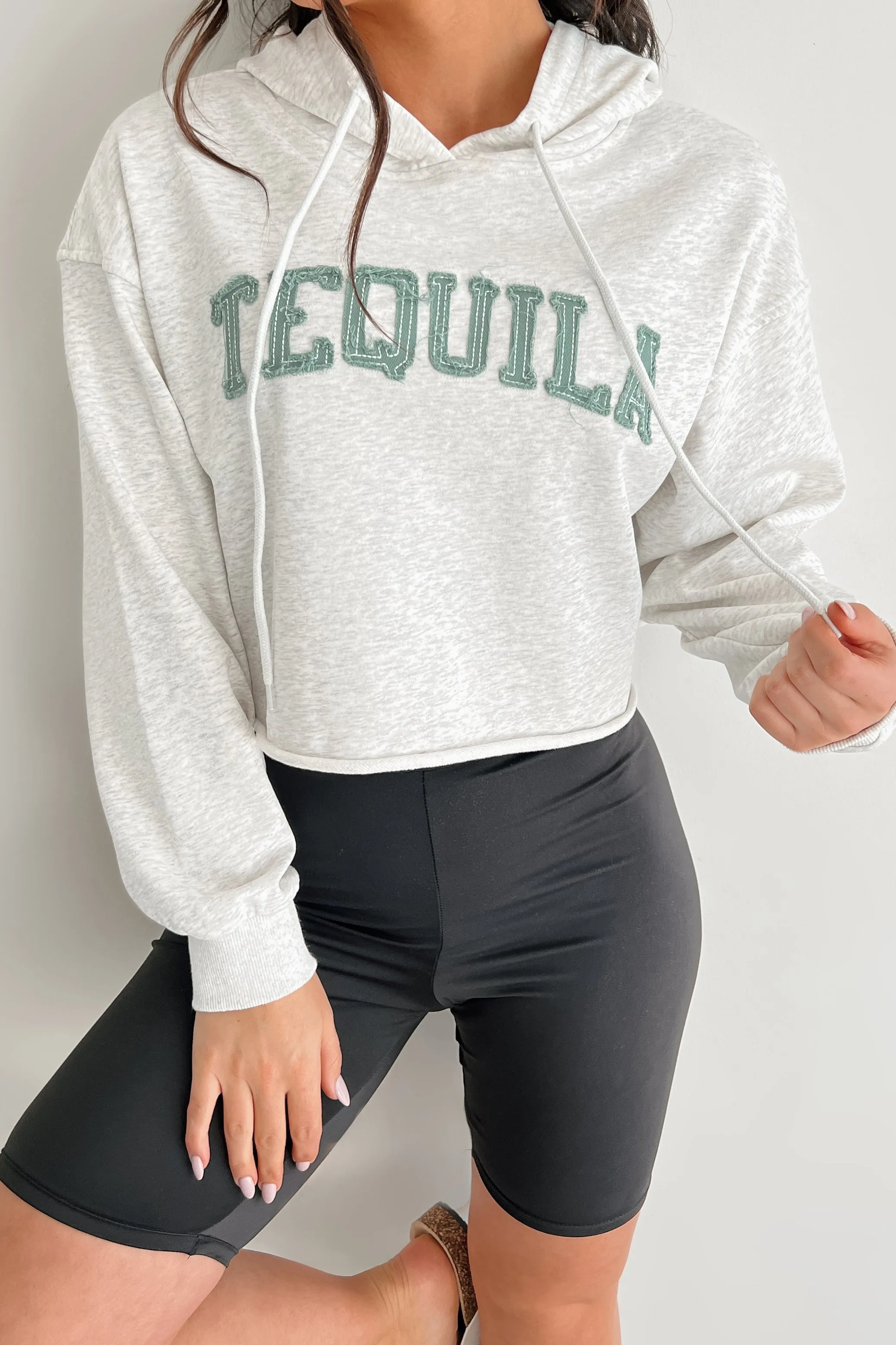 "Tequila" Embroidered Crop Hoodie (Heather Grey)