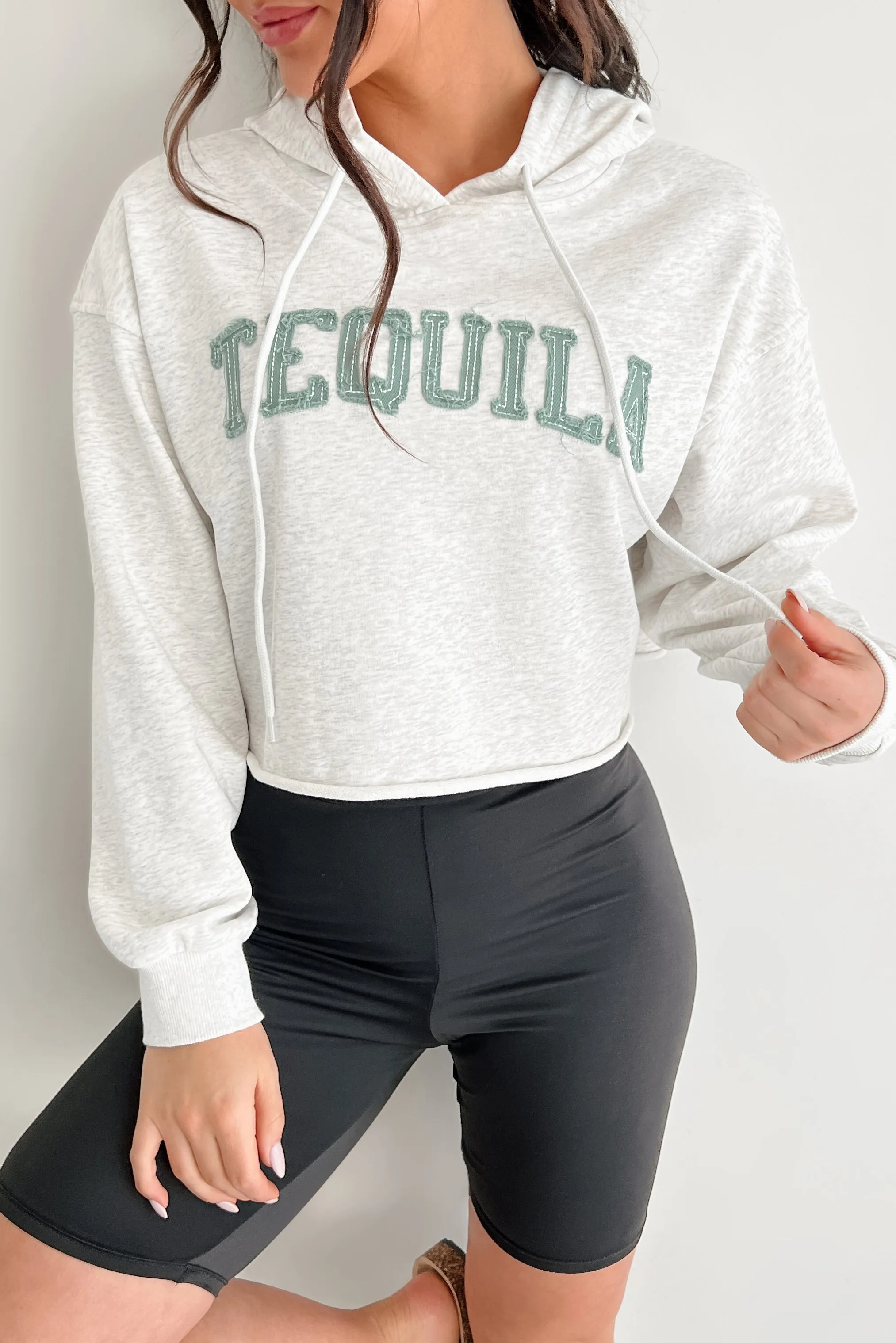 "Tequila" Embroidered Crop Hoodie (Heather Grey)