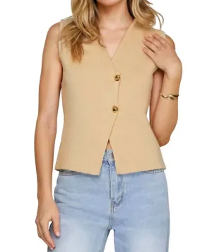 Rosie Large Gold Buttons Knit Vest In Taupe