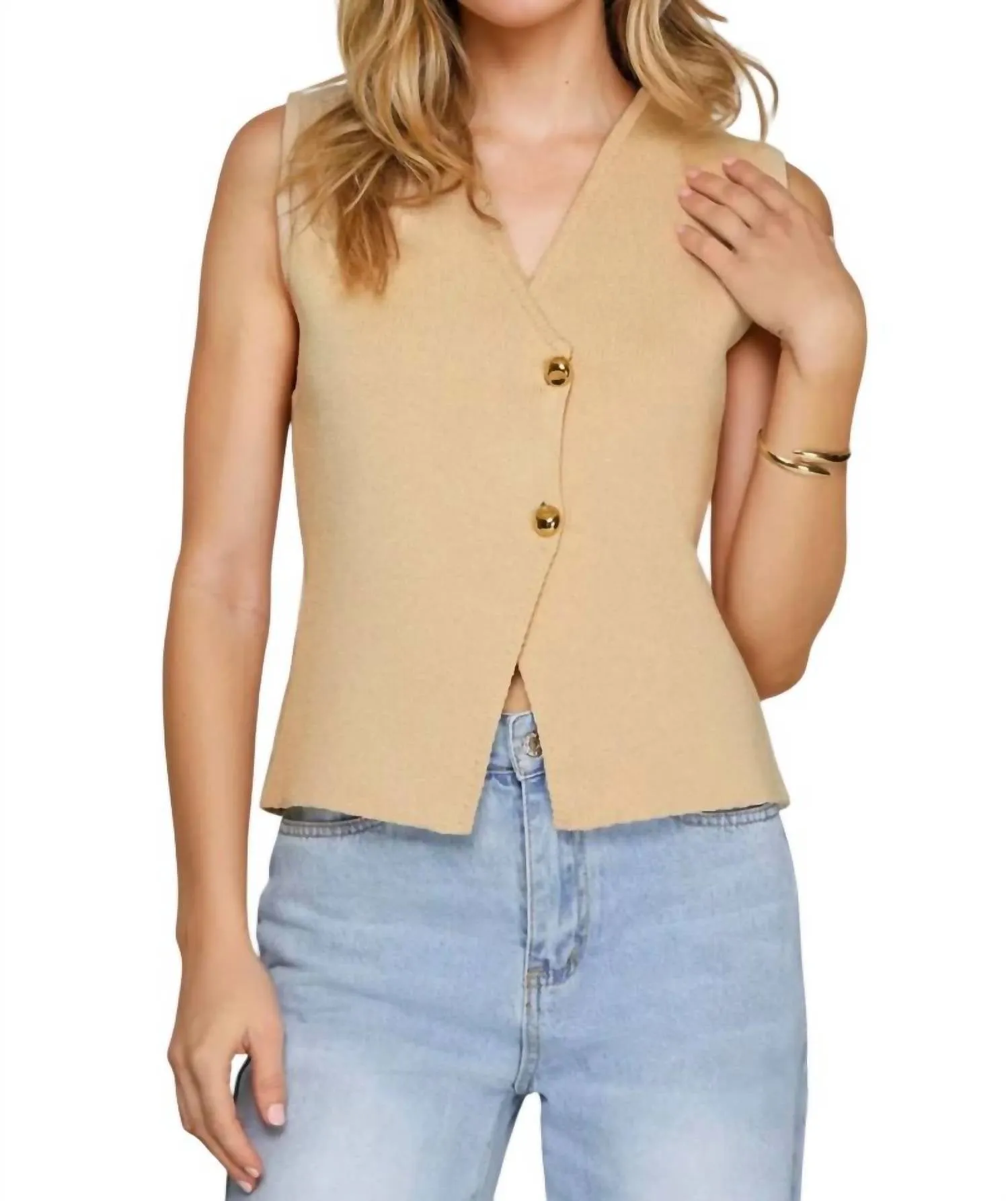 Rosie Large Gold Buttons Knit Vest In Taupe
