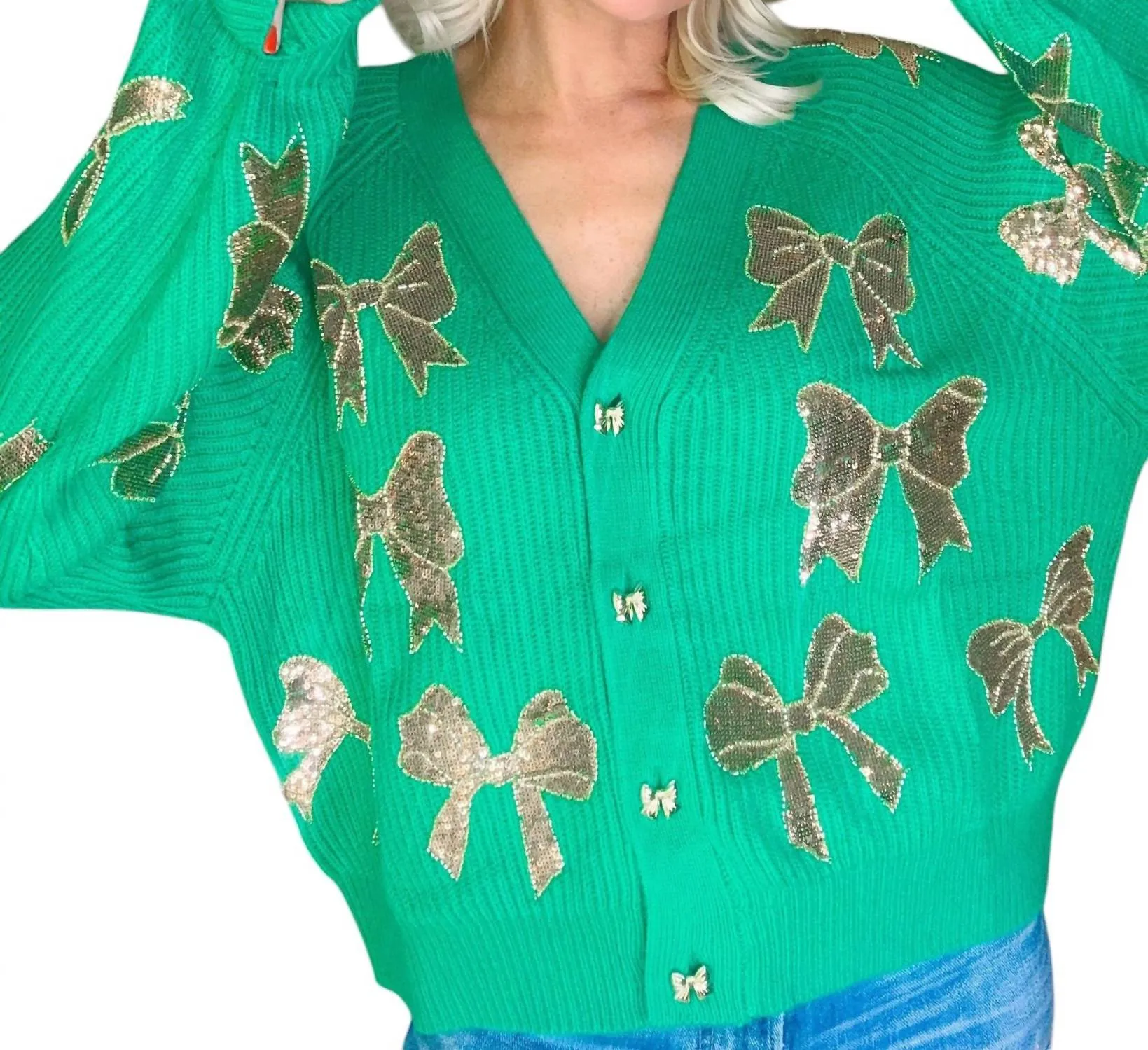 Scatter Bow Cardigan In Green