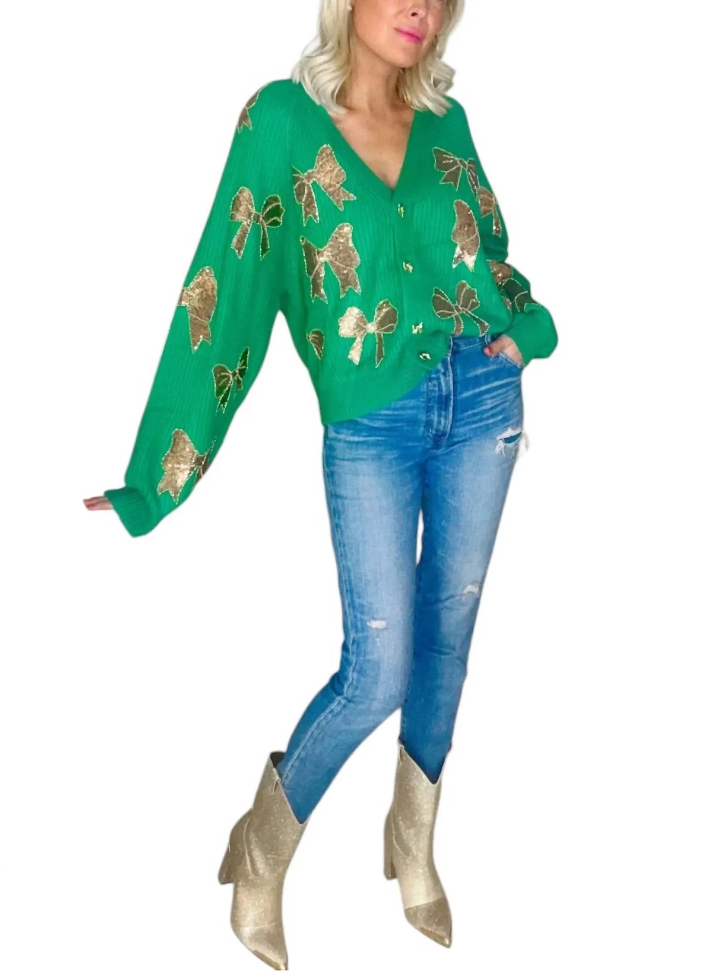 Scatter Bow Cardigan In Green