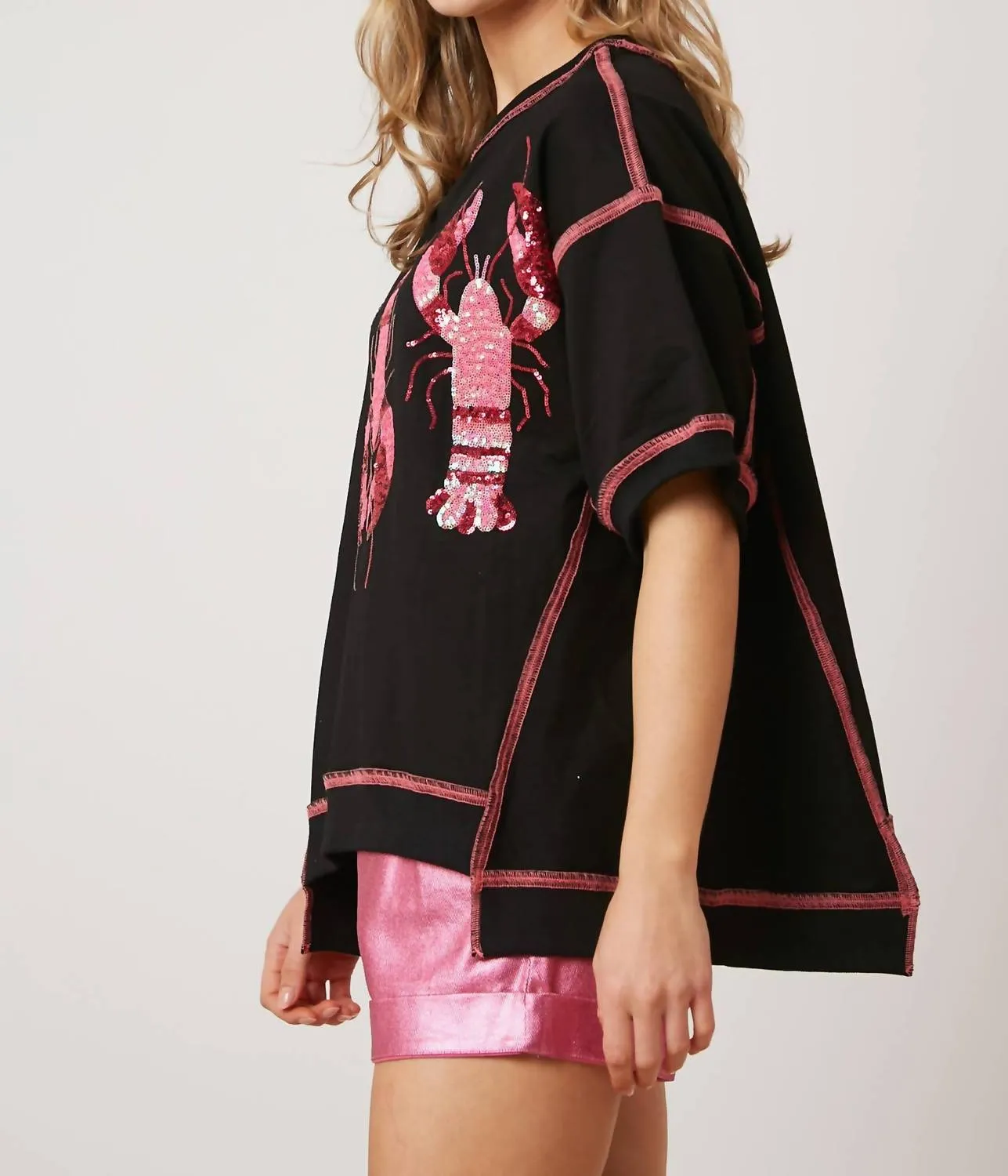 Sequin Crawfish French Terry Top In Black