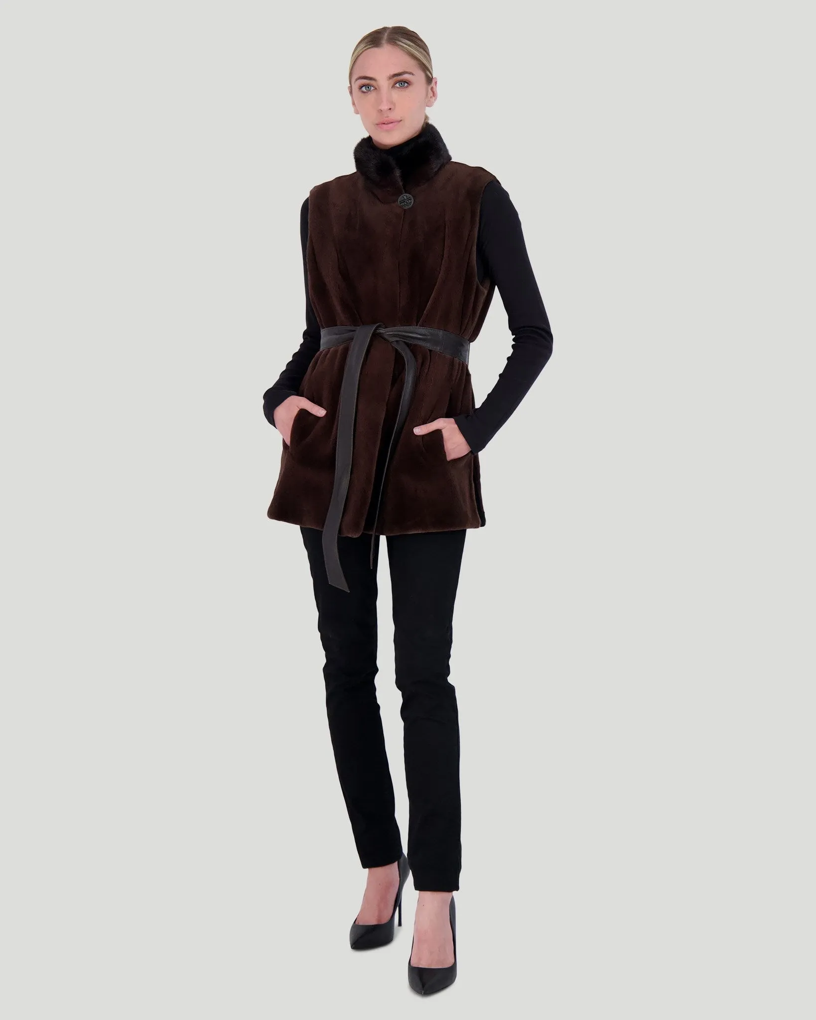 Sheared Mink Vest with Short Nap Mink Collar, Reversible To Taffeta, Leather Belt