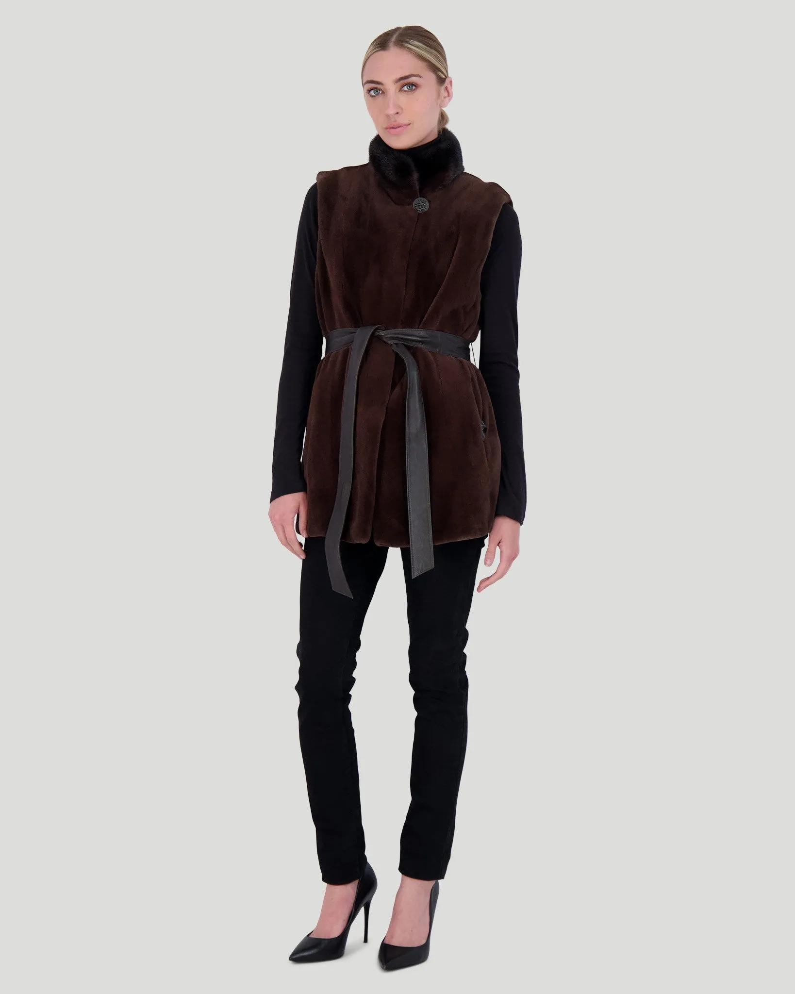 Sheared Mink Vest with Short Nap Mink Collar, Reversible To Taffeta, Leather Belt