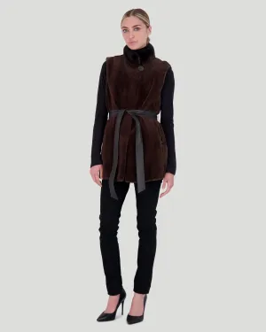Sheared Mink Vest with Short Nap Mink Collar, Reversible To Taffeta, Leather Belt