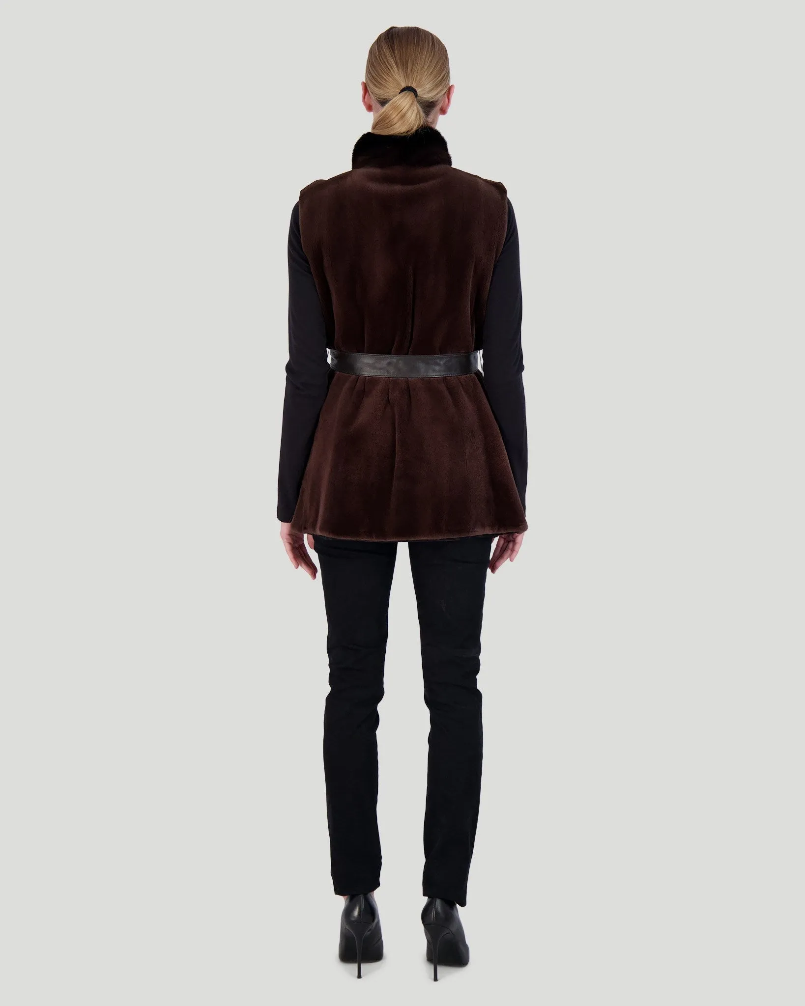 Sheared Mink Vest with Short Nap Mink Collar, Reversible To Taffeta, Leather Belt