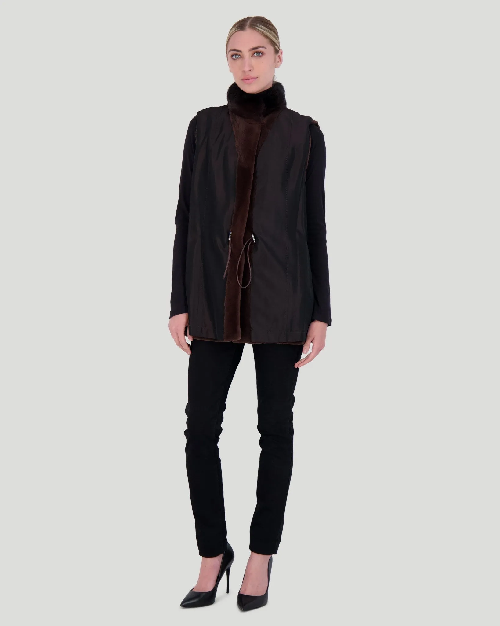 Sheared Mink Vest with Short Nap Mink Collar, Reversible To Taffeta, Leather Belt