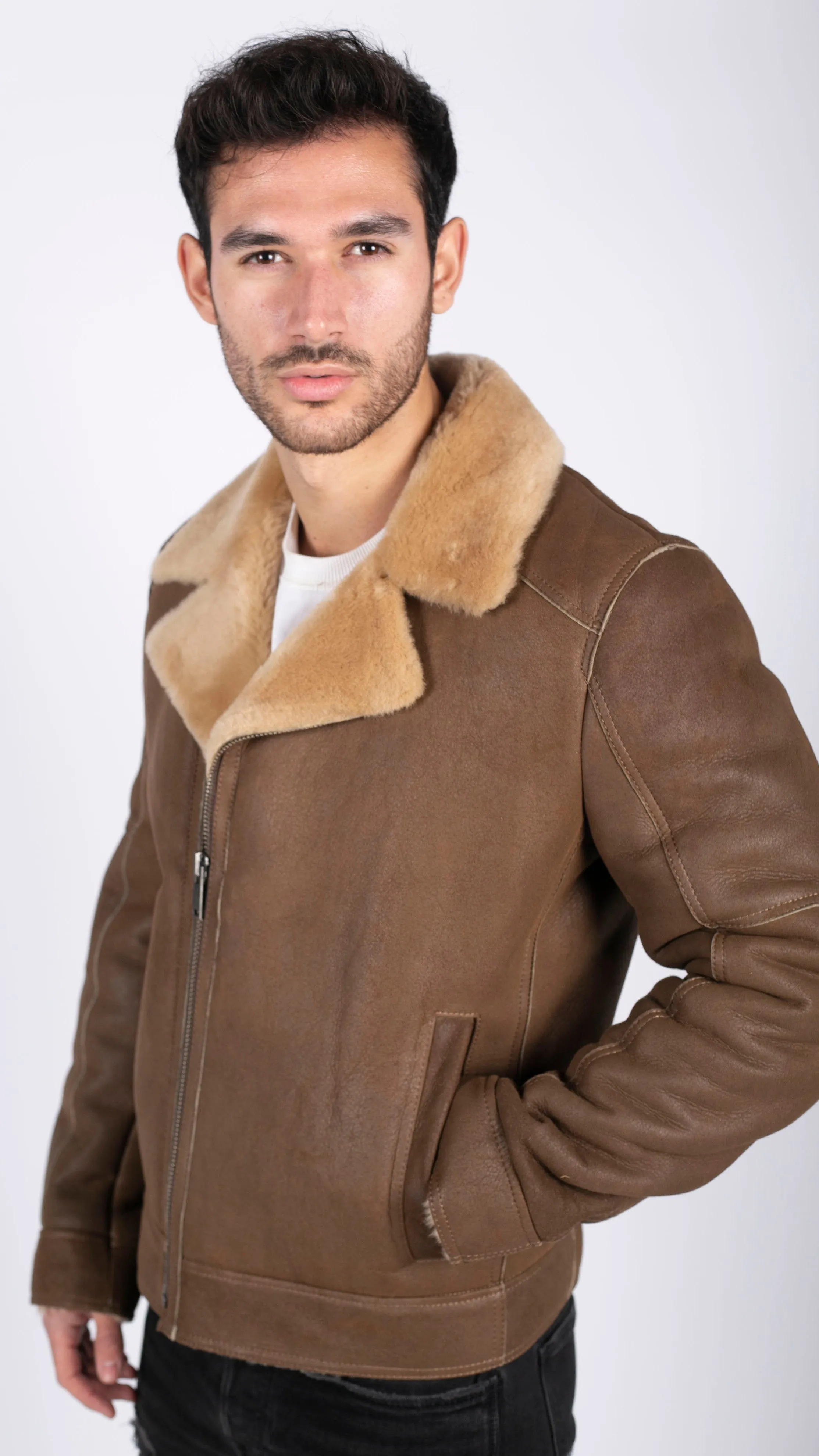 Sheepskin Cross Zip Aviator Cream Jacket With Fur