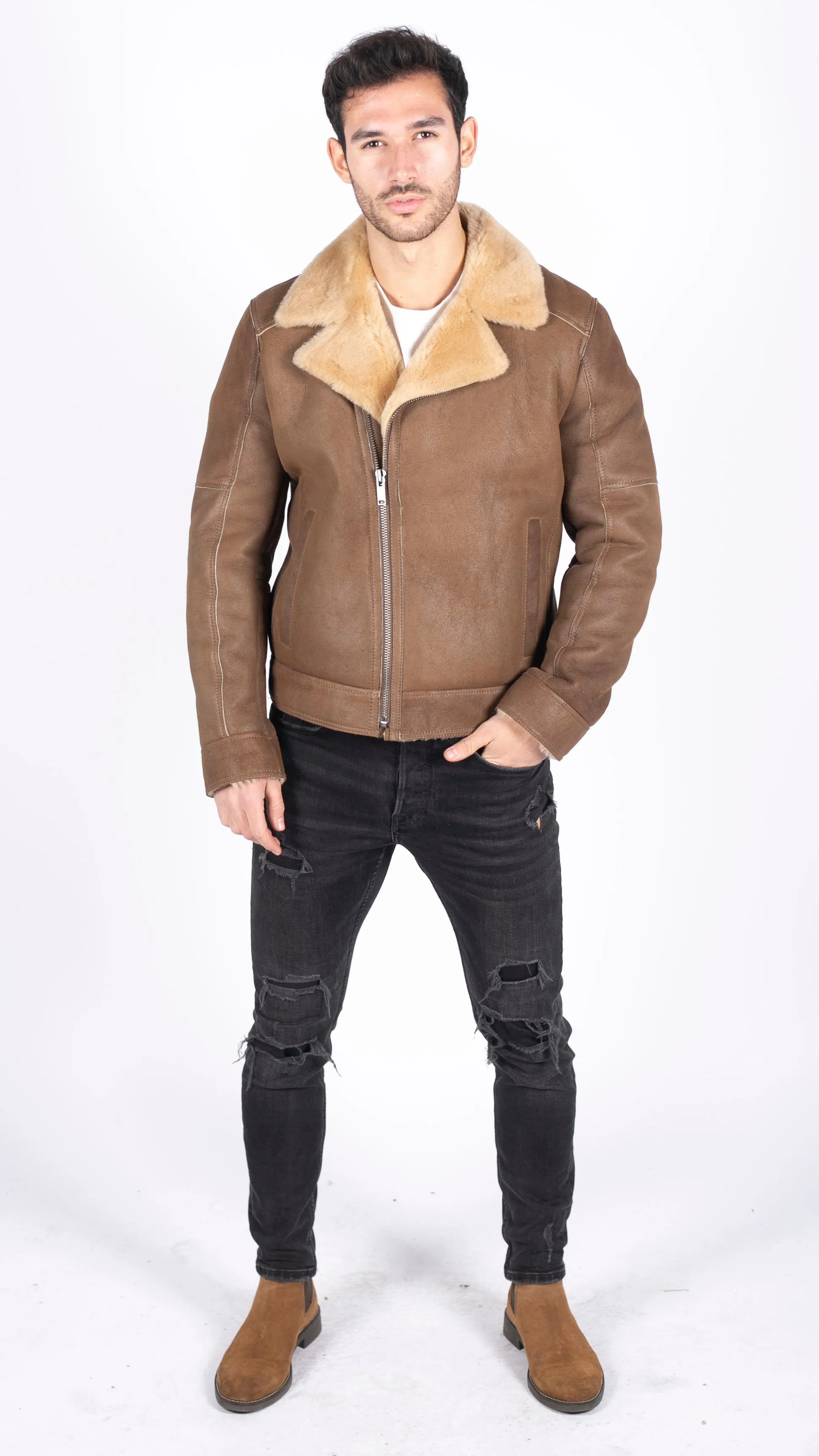 Sheepskin Cross Zip Aviator Cream Jacket With Fur