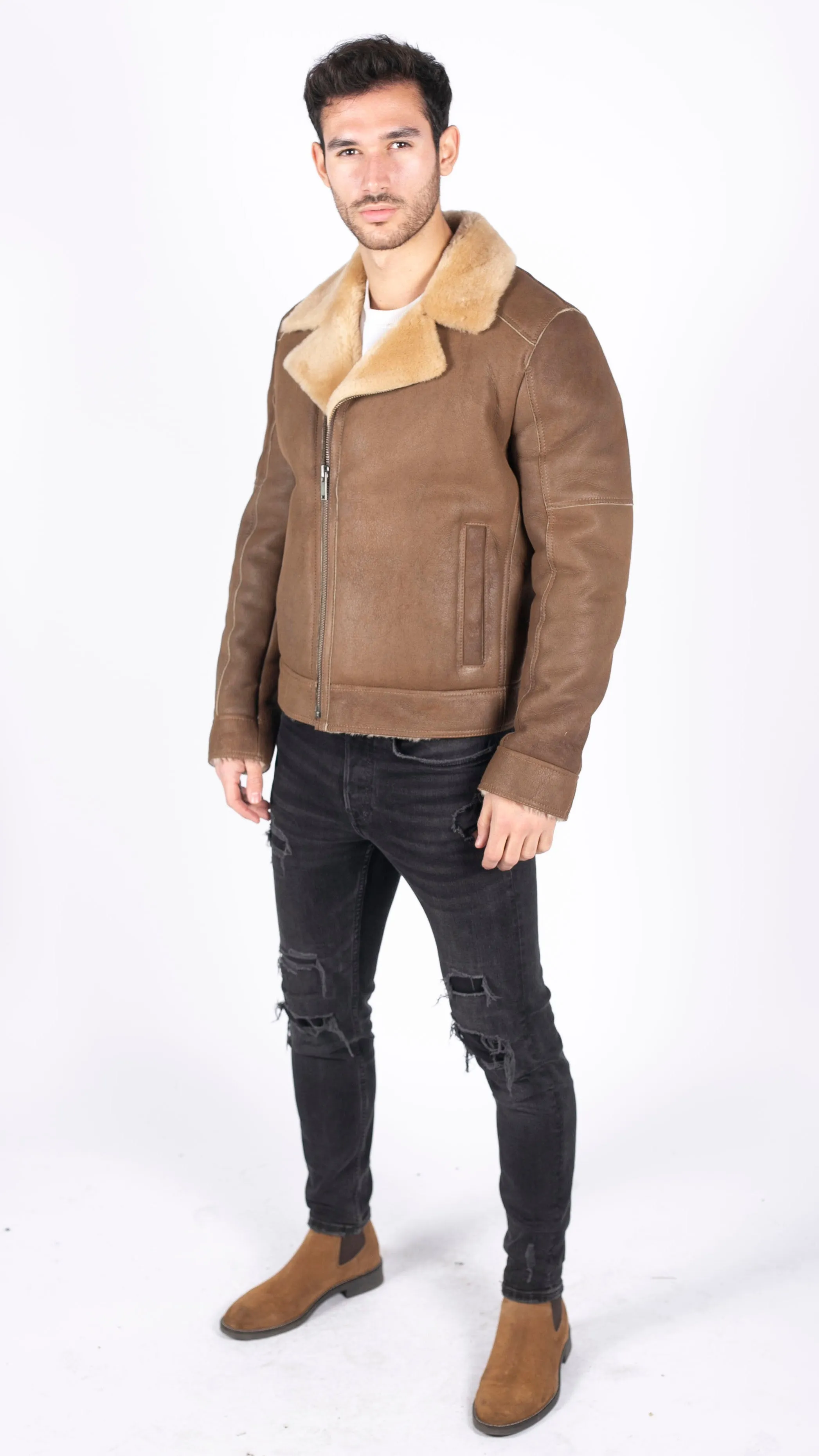 Sheepskin Cross Zip Aviator Cream Jacket With Fur