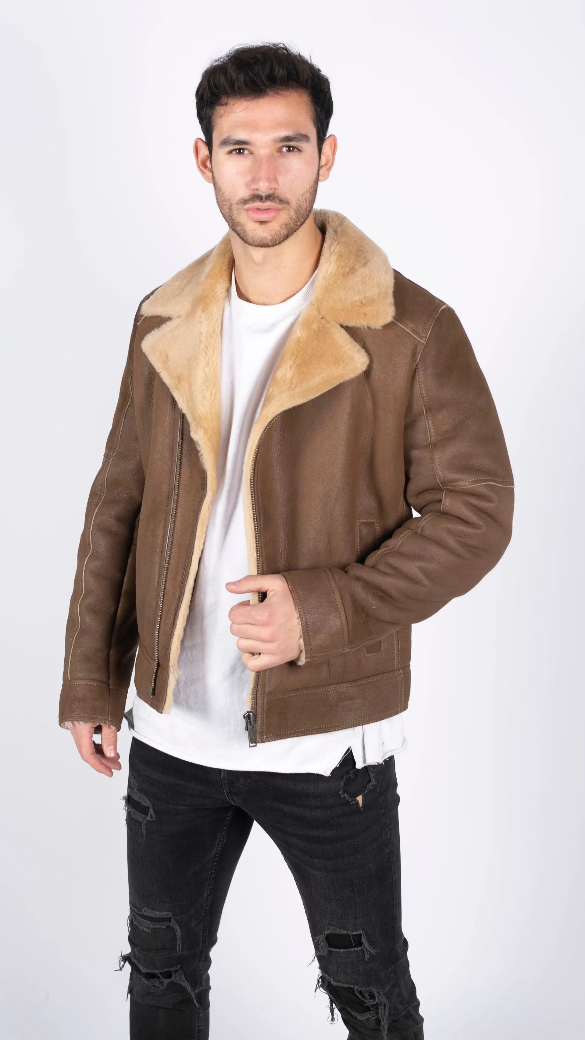 Sheepskin Cross Zip Aviator Cream Jacket With Fur