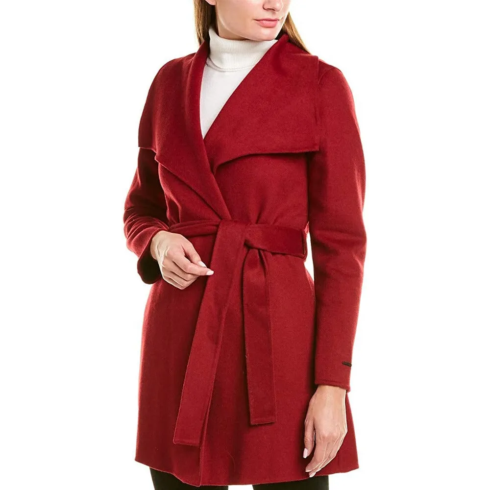 Tahari Women's Deep Red Wool Belted Coat Jacket