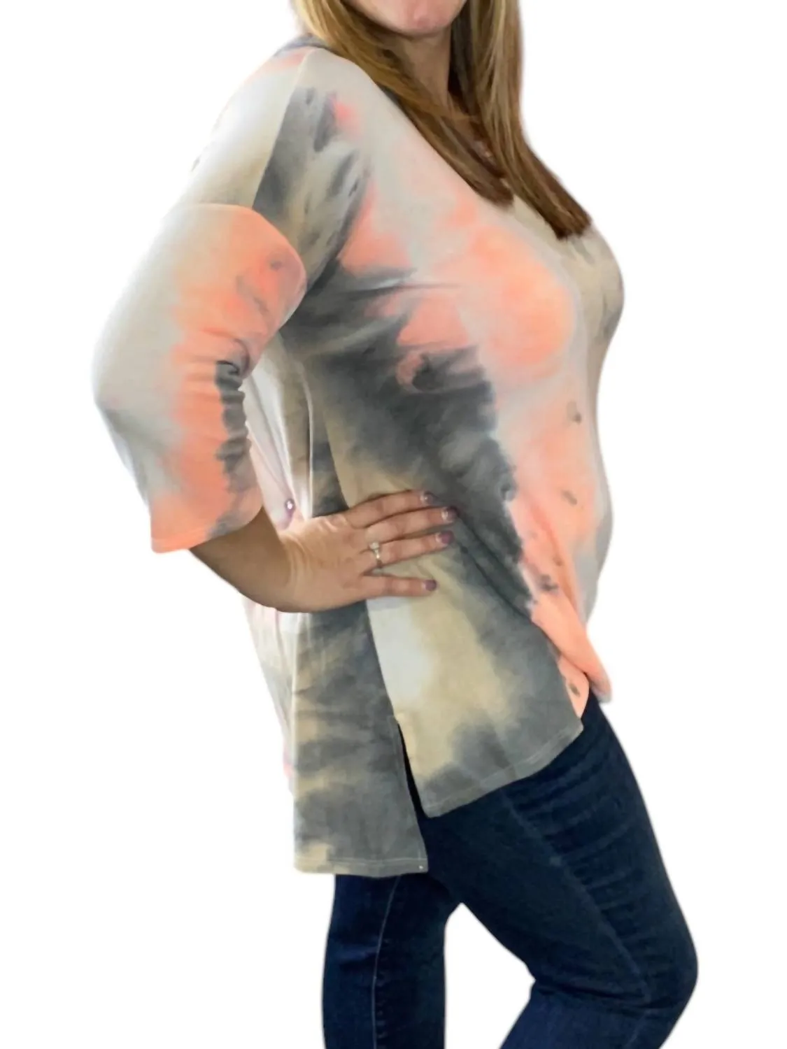 Tie Dye 3/4 Top In Coral/grey